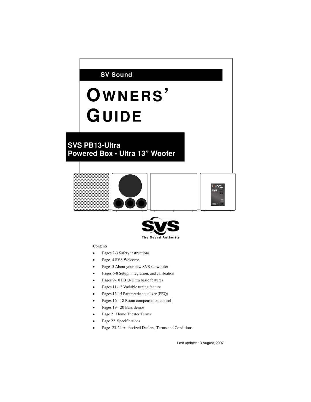 SV Sound specifications O W N E R S ’ G U I D E, SVS PB13-Ultra Powered Box - Ultra 13” Woofer, SV Sound 