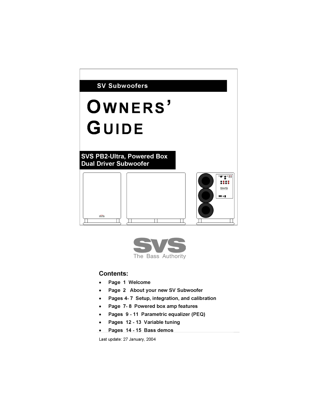 SV Sound SVS PB2-Ultra manual Contents, O W N E R S ’ G U I D E, SV Subwoofers, Last update 27 January 