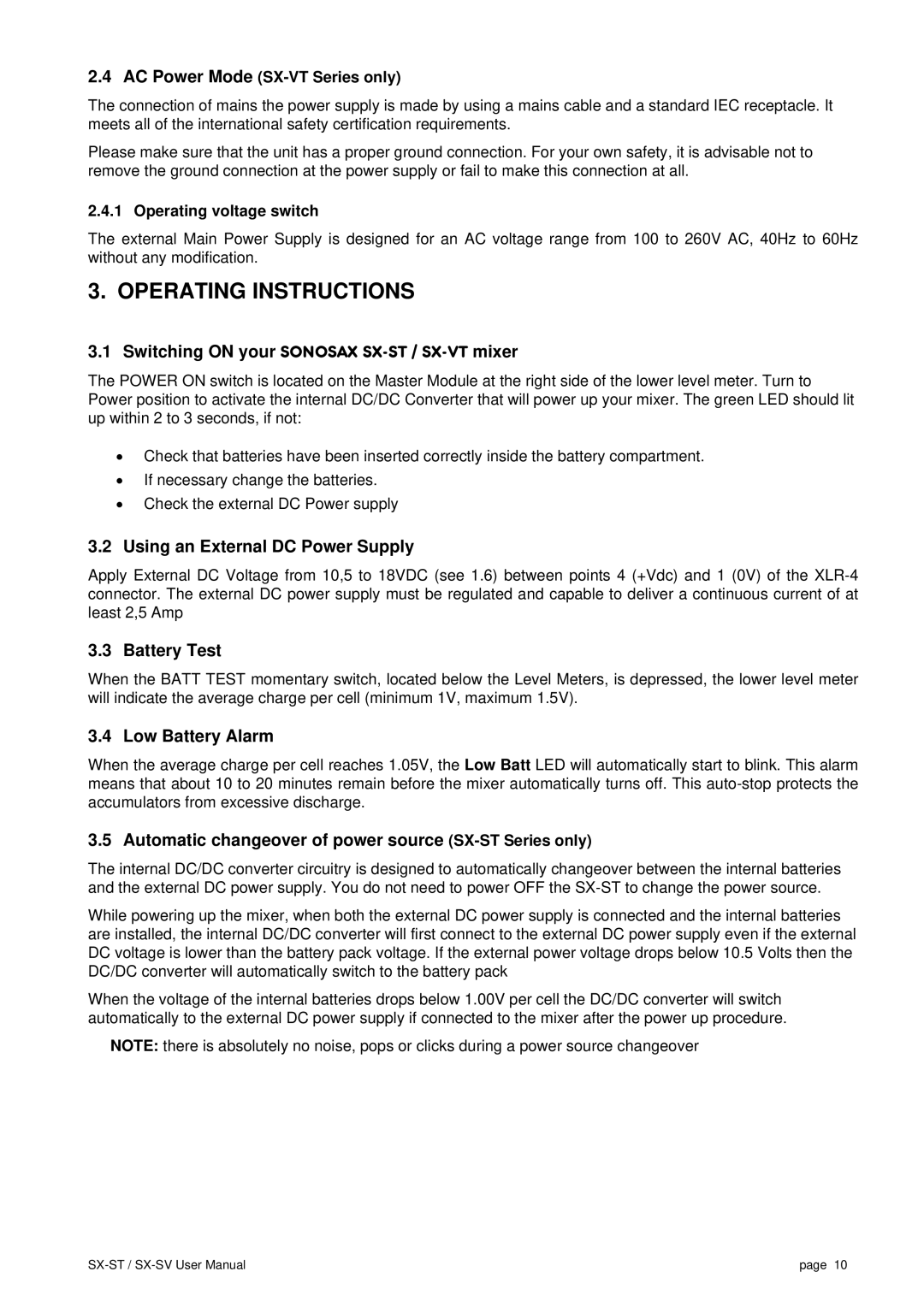 SV Sound SX-VT, SX-ST user manual Operating Instructions 