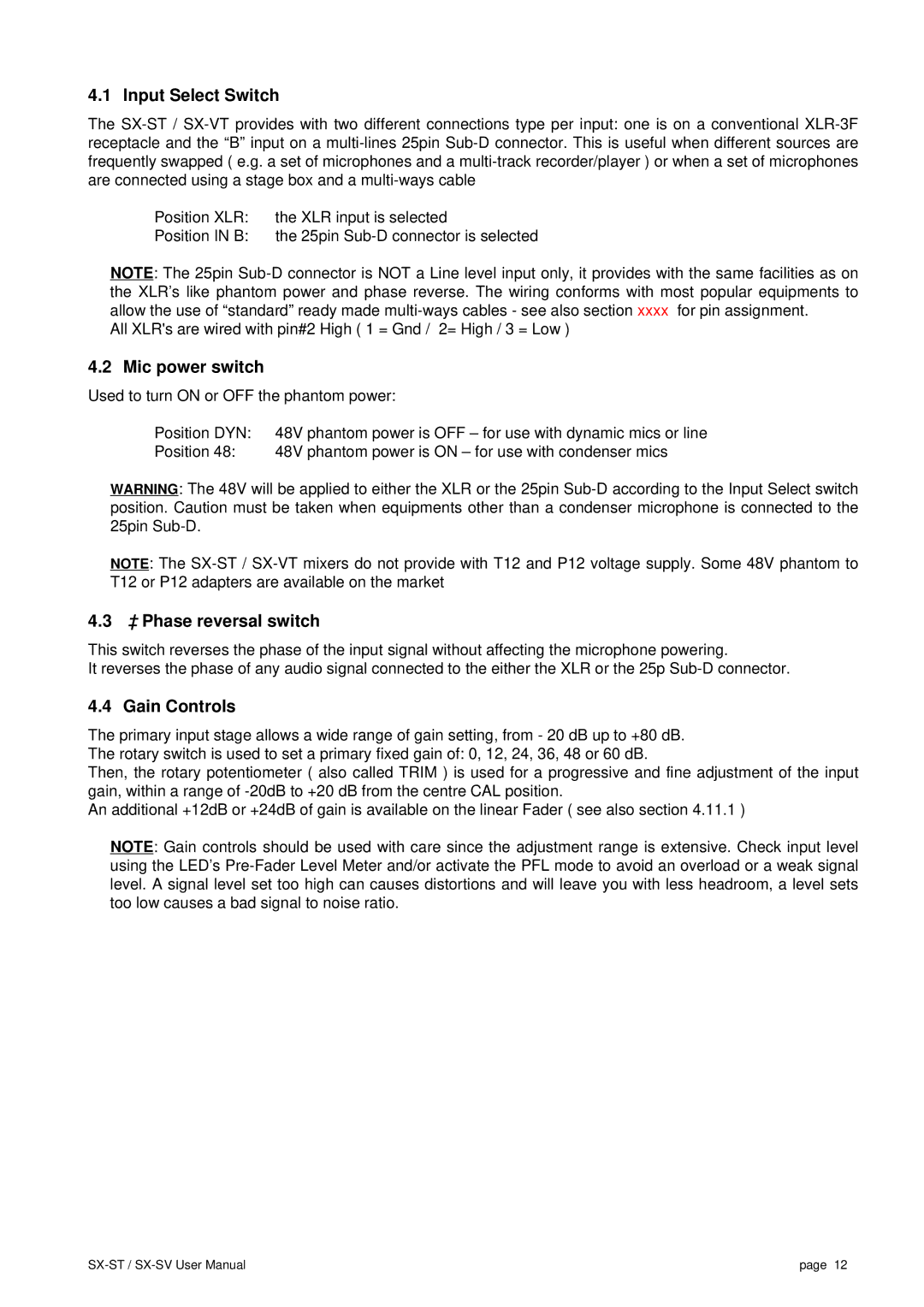 SV Sound SX-VT, SX-ST user manual Input Select Switch, Mic power switch, ∅ Phase reversal switch, Gain Controls 