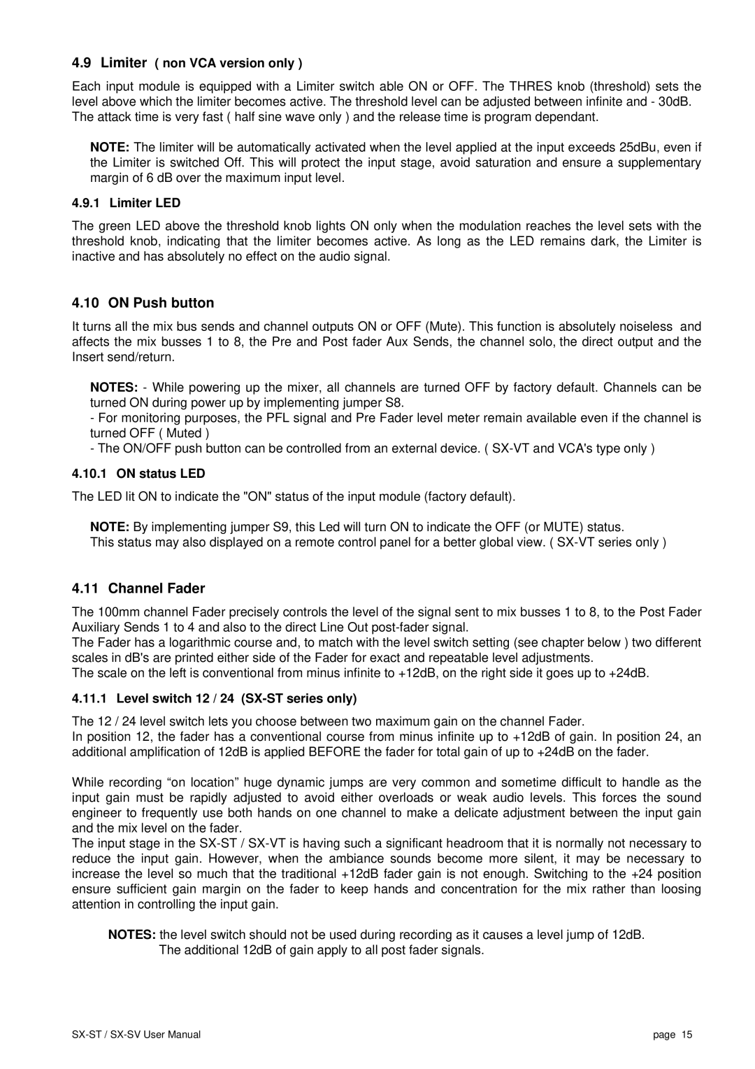 SV Sound SX-ST, SX-VT user manual On Push button, Channel Fader 