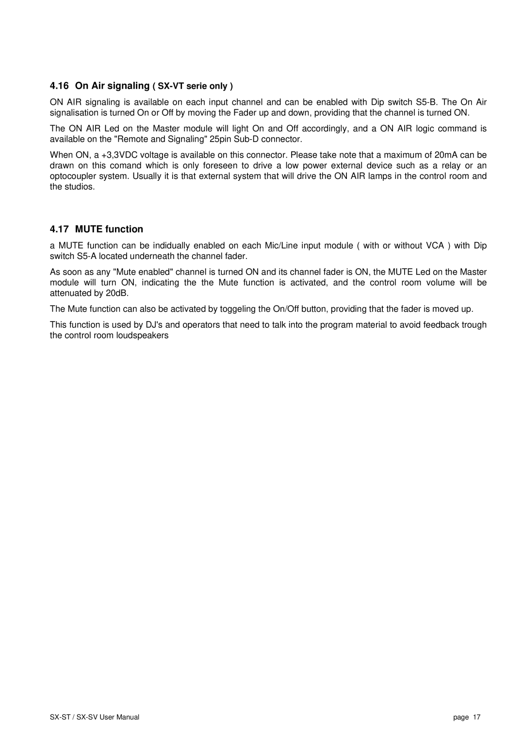 SV Sound SX-ST user manual Mute function, On Air signaling SX-VT serie only 