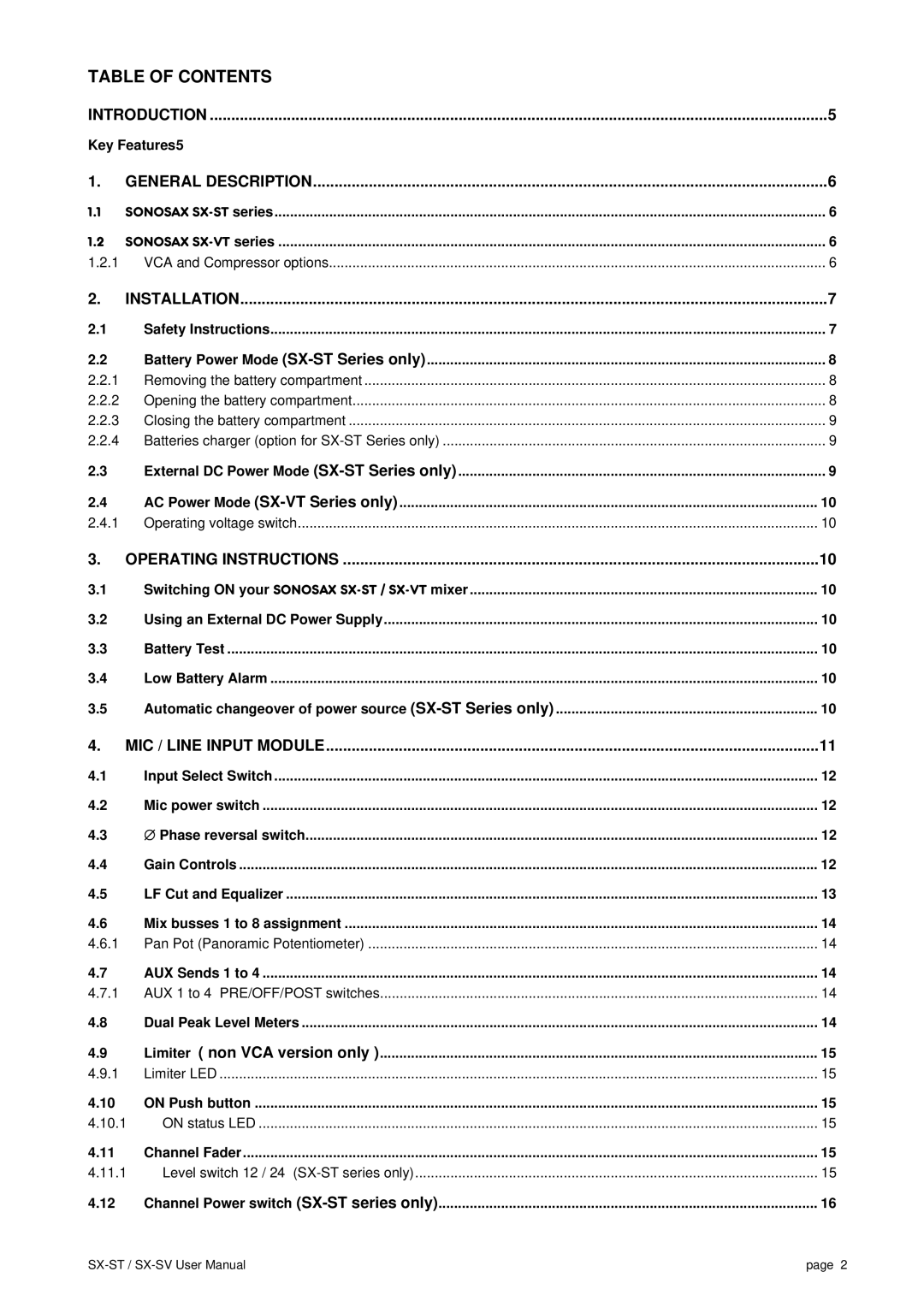 SV Sound SX-VT, SX-ST user manual Table of Contents 