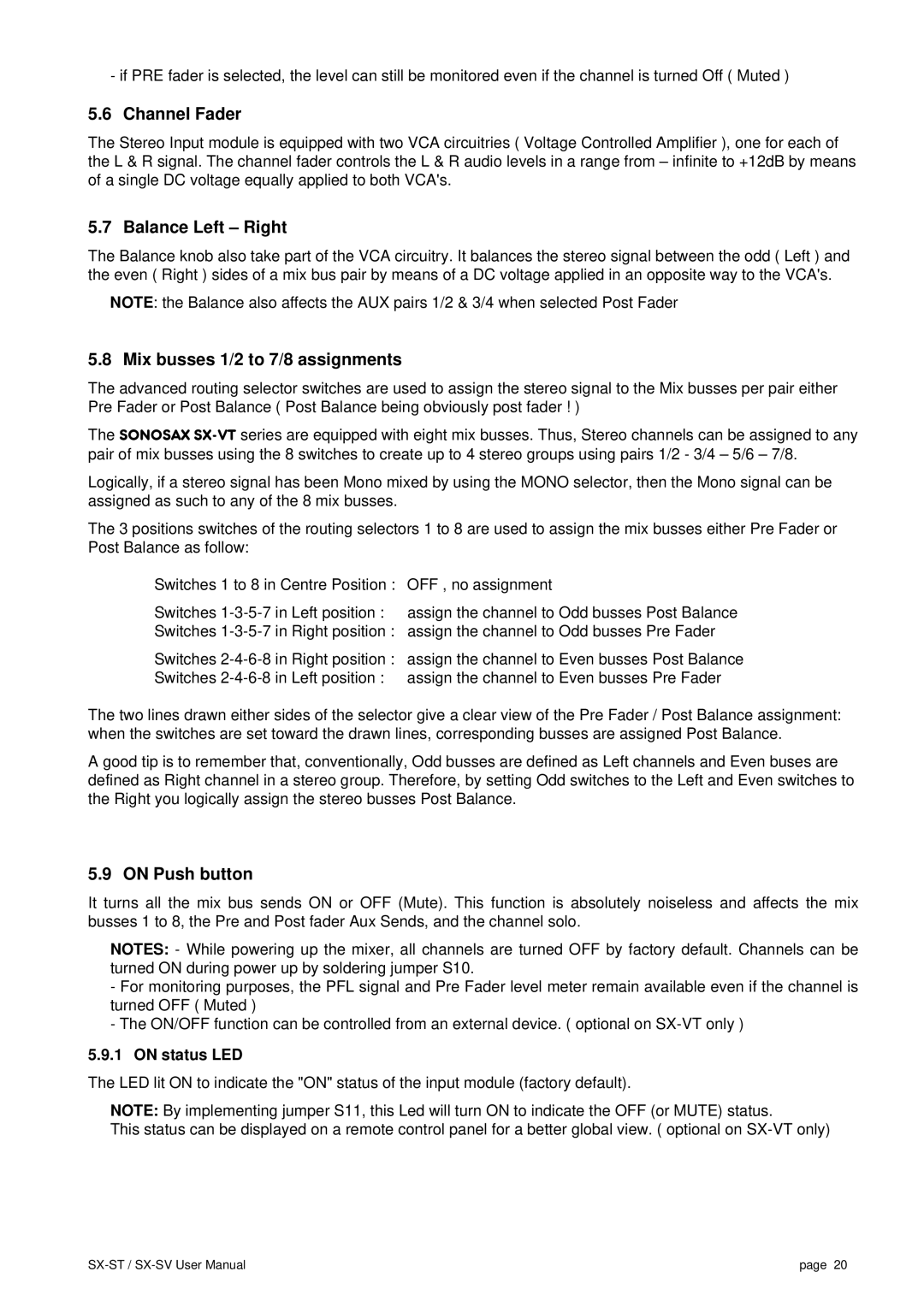 SV Sound SX-VT, SX-ST user manual Balance Left Right, Mix busses 1/2 to 7/8 assignments 