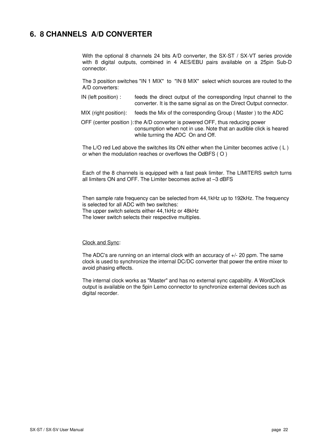 SV Sound SX-VT, SX-ST user manual Channels A/D Converter 