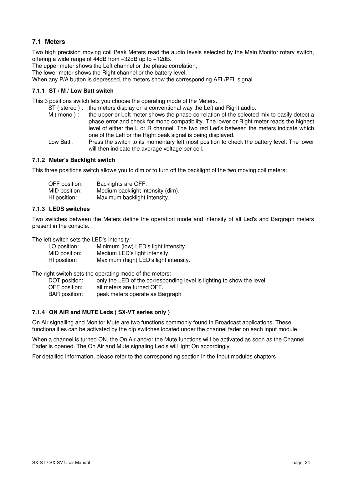 SV Sound SX-VT, SX-ST user manual 1 ST / M / Low Batt switch, Meters Backlight switch, Leds switches 