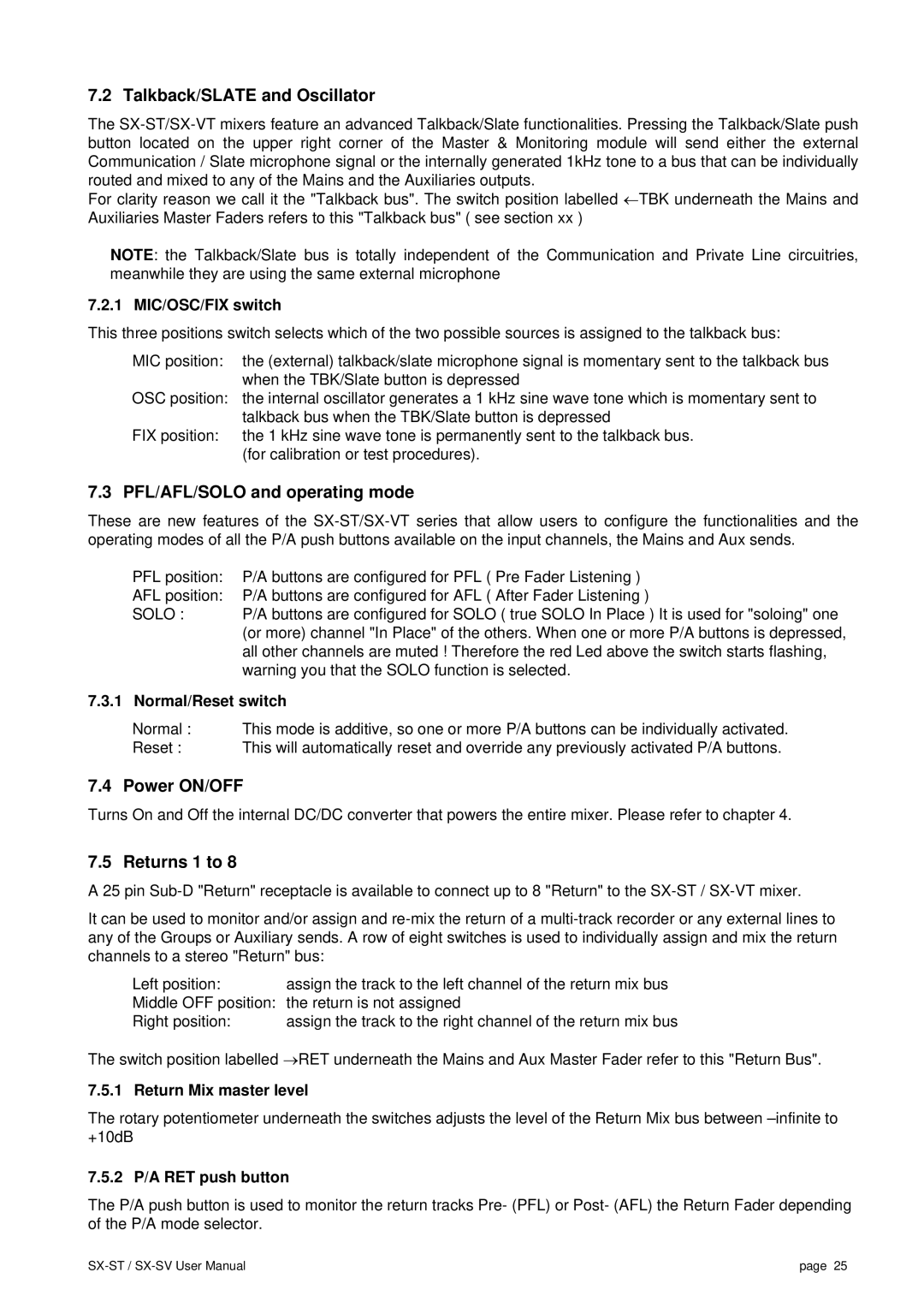 SV Sound SX-ST, SX-VT user manual Talkback/SLATE and Oscillator, PFL/AFL/SOLO and operating mode, Power ON/OFF, Returns 1 to 