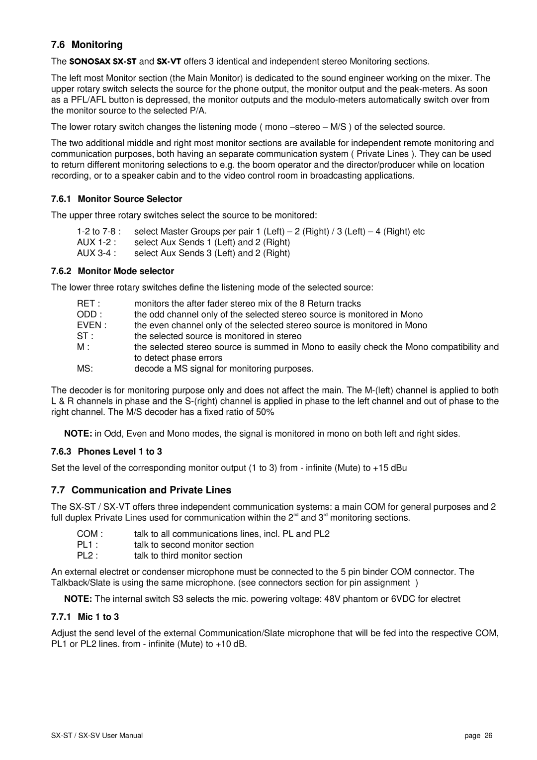 SV Sound SX-VT, SX-ST user manual Monitoring, Communication and Private Lines 