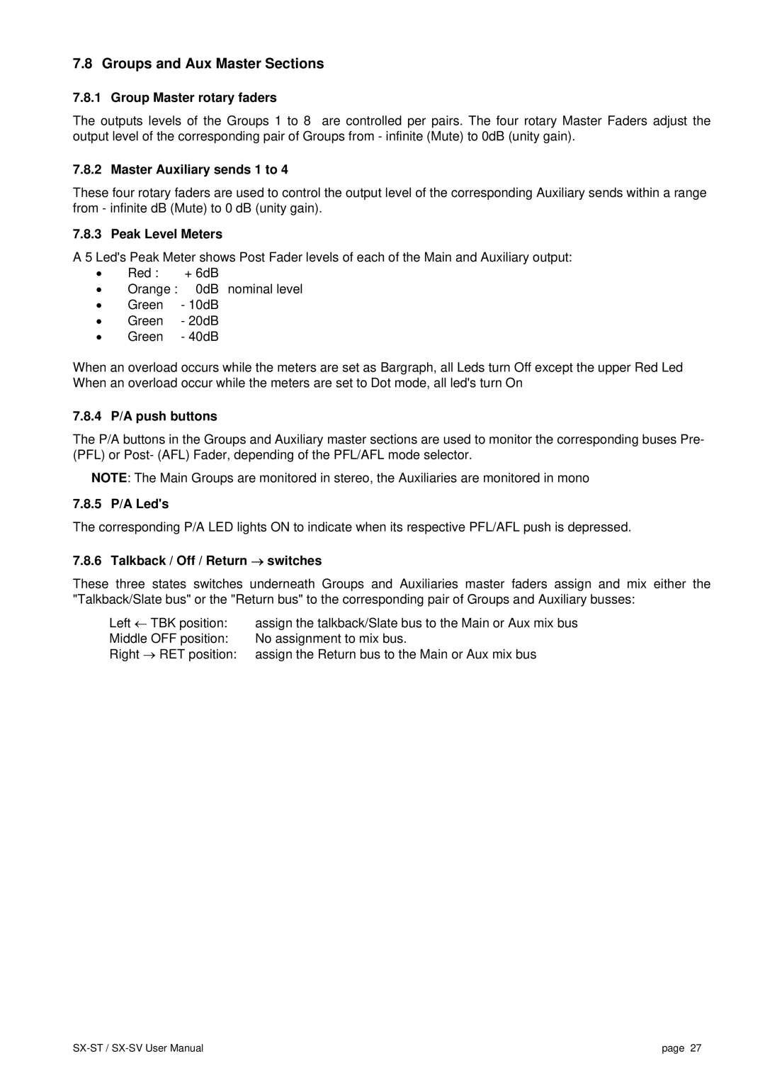 SV Sound SX-ST, SX-VT user manual Groups and Aux Master Sections 