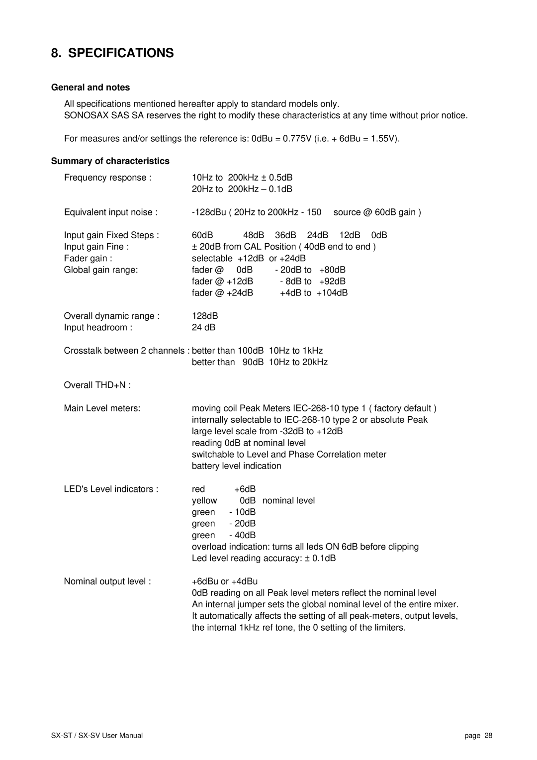 SV Sound SX-VT, SX-ST user manual Specifications, General and notes, Summary of characteristics 