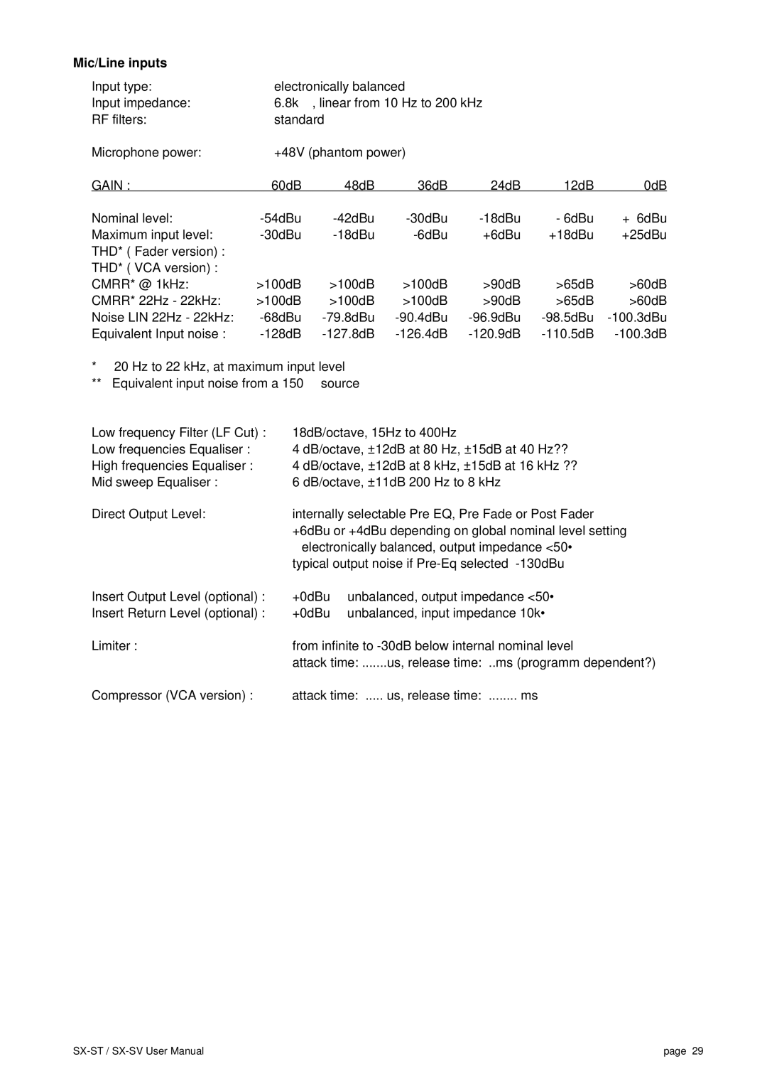 SV Sound SX-ST, SX-VT user manual Mic/Line inputs, Gain 