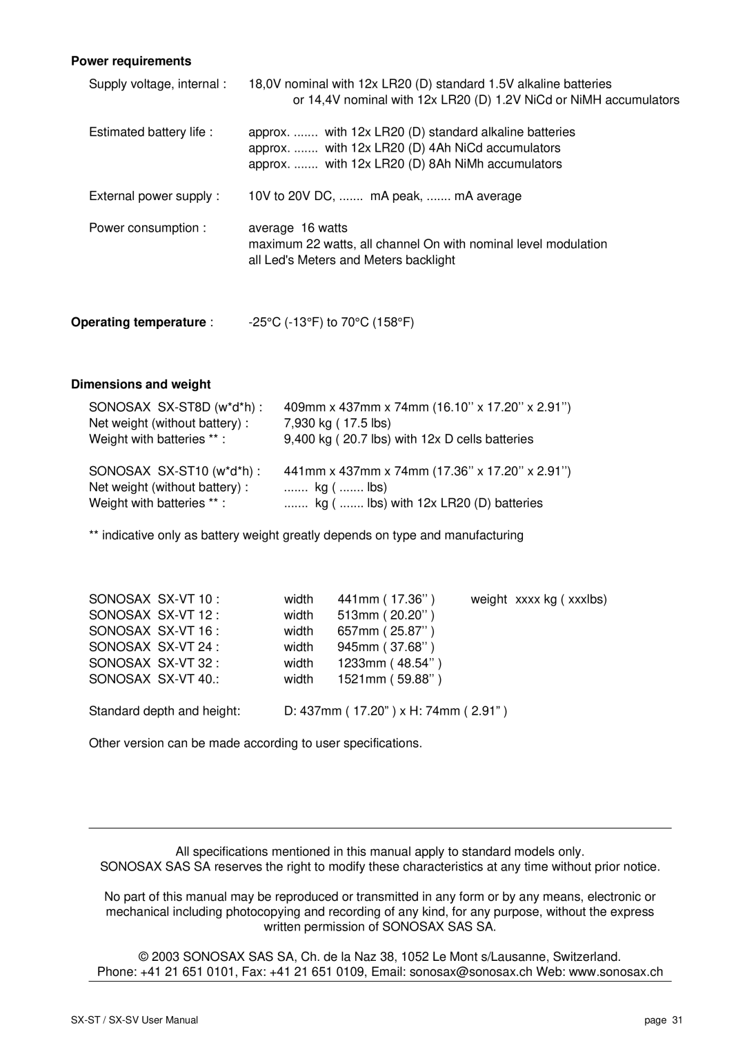 SV Sound SX-ST, SX-VT user manual Power requirements, Operating temperature, Dimensions and weight 