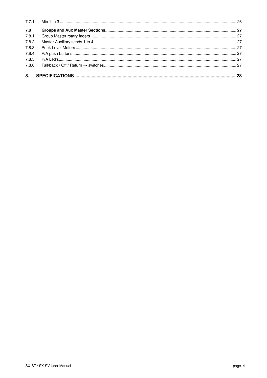 SV Sound SX-VT, SX-ST user manual Specifications 