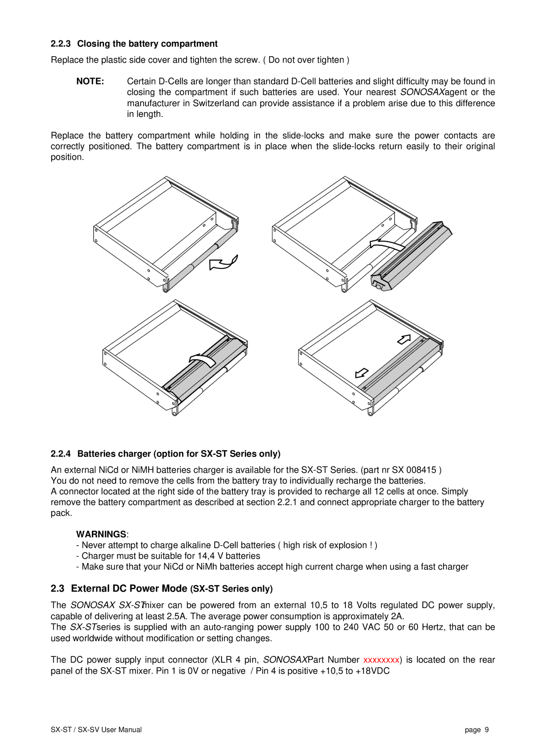 SV Sound SX-VT user manual External DC Power Mode SX-ST Series only, Closing the battery compartment 