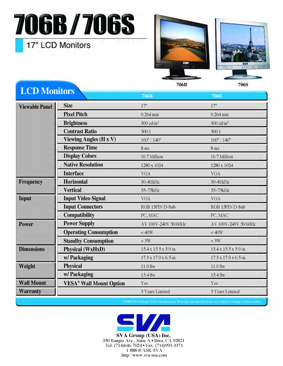 SVA 706S, 706B LCD Monitors, Viewable Panel Frequency Input Power Dimensions Weight, Packaging Vesa Wall Mount Option, Vga 