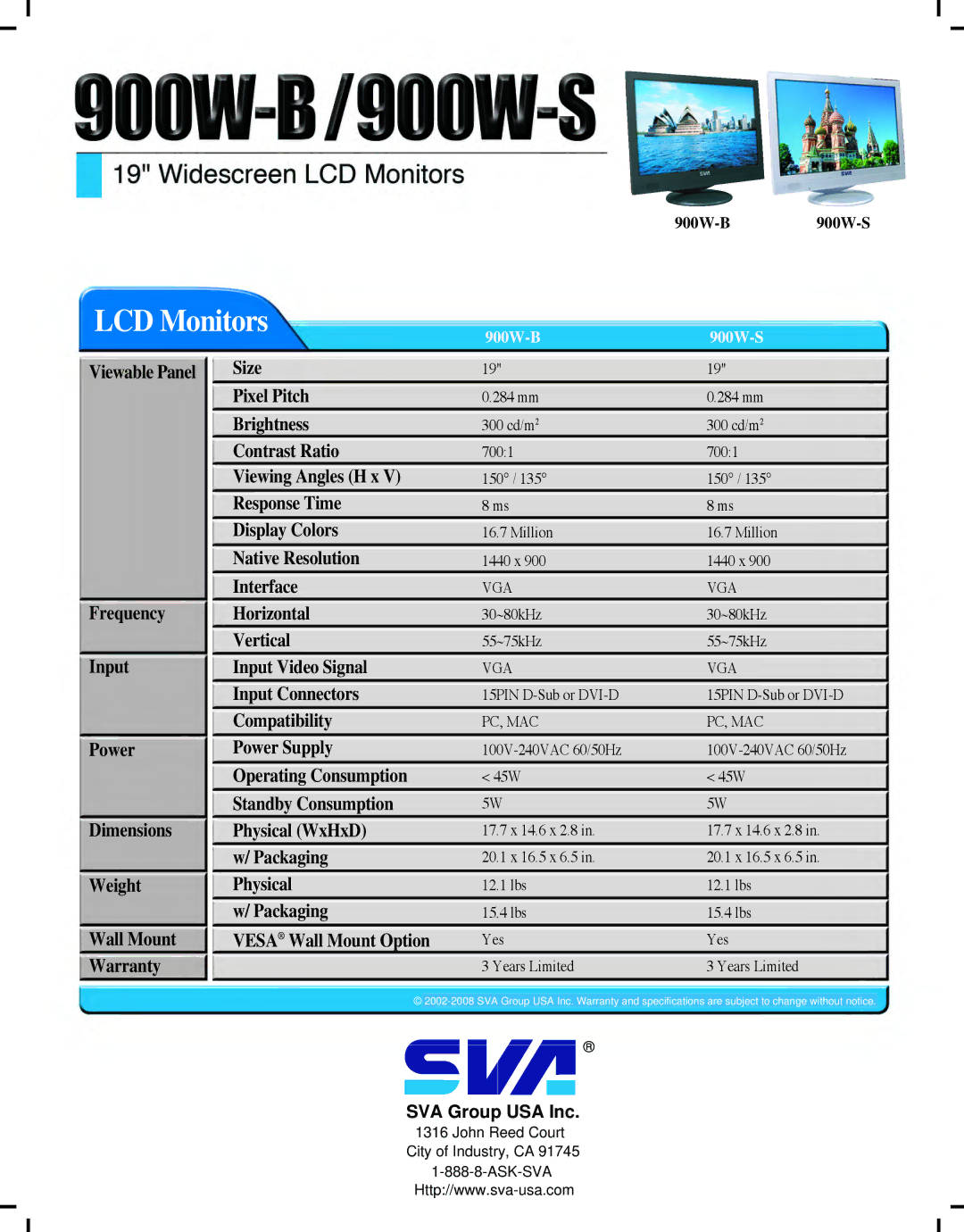 SVA 900W-B, 900W-S LCD Monitors, Viewable Panel Frequency Input Power Dimensions Weight, Packaging Vesa Wall Mount Option 