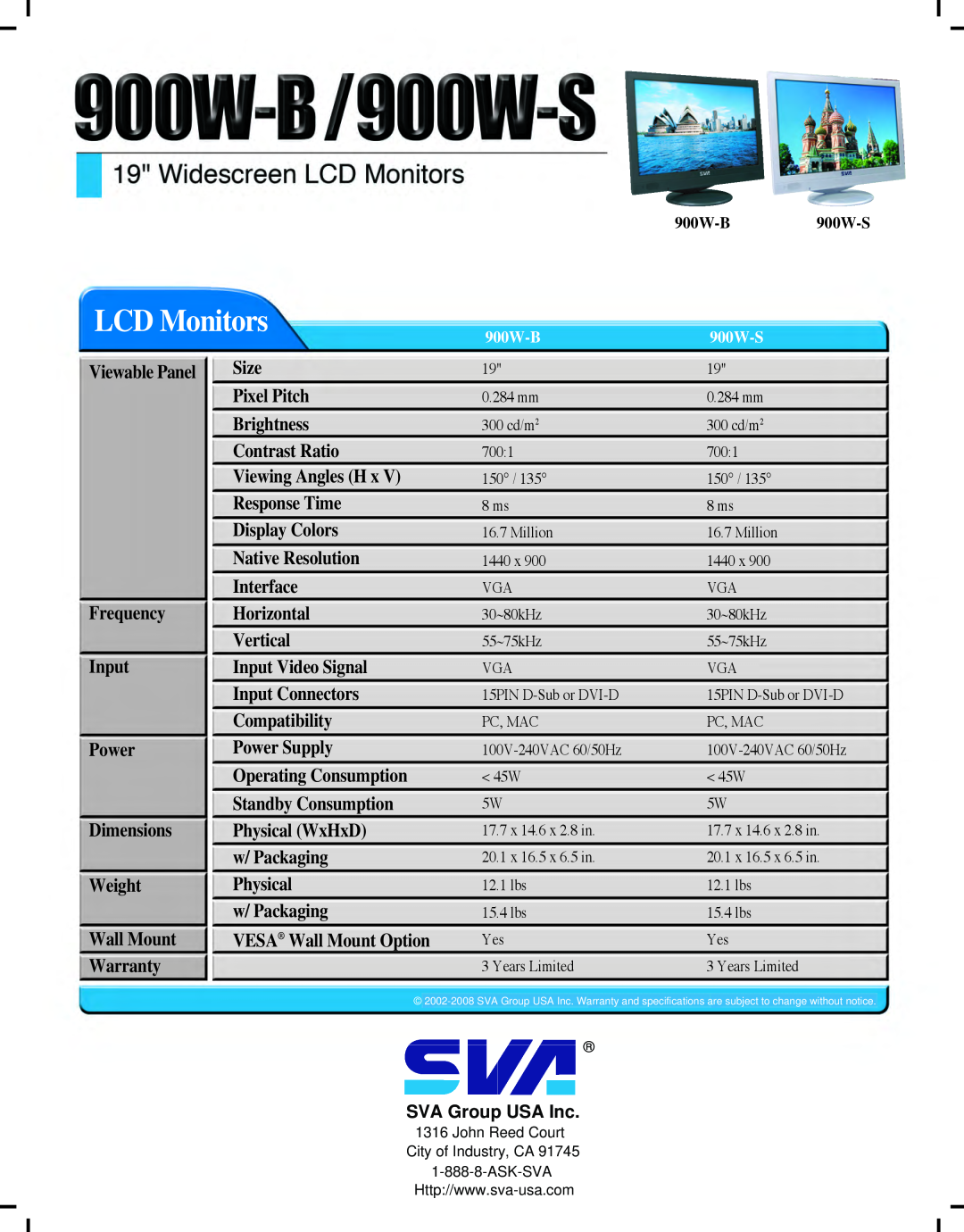 SVA 900W-B LCD Monitors, Viewable Panel Frequency Input Power Dimensions Weight, Size Pixel Pitch, Wall Mount Warranty 