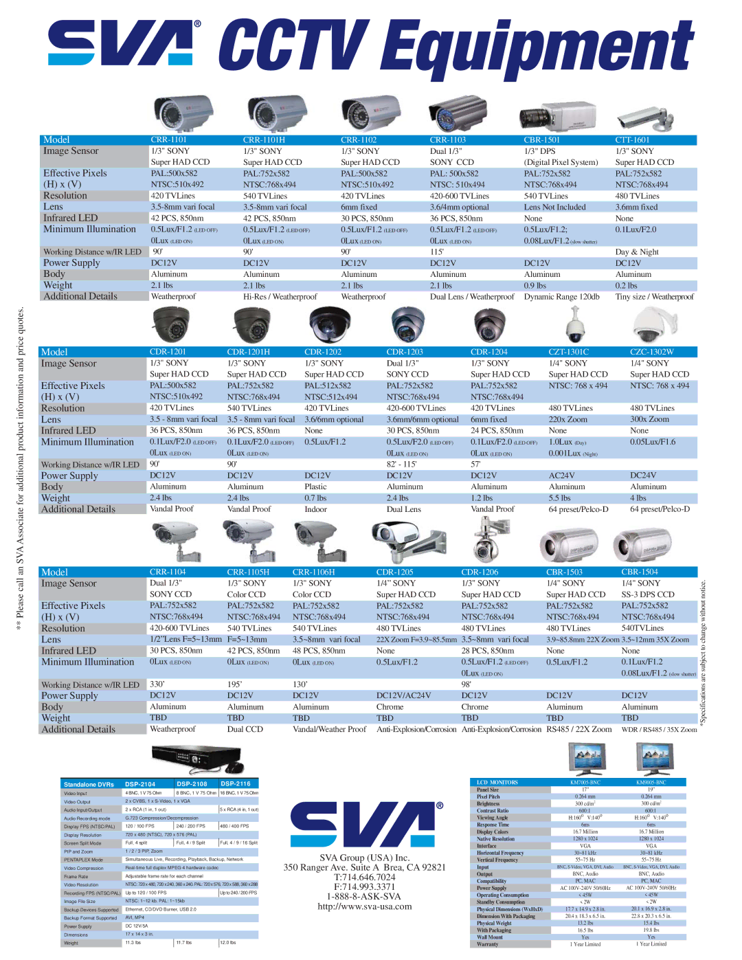 SVA CRR-1106H specifications Image Sensor, Effective Pixels, Resolution, Lens, Infrared LED, Minimum Illumination, Body 