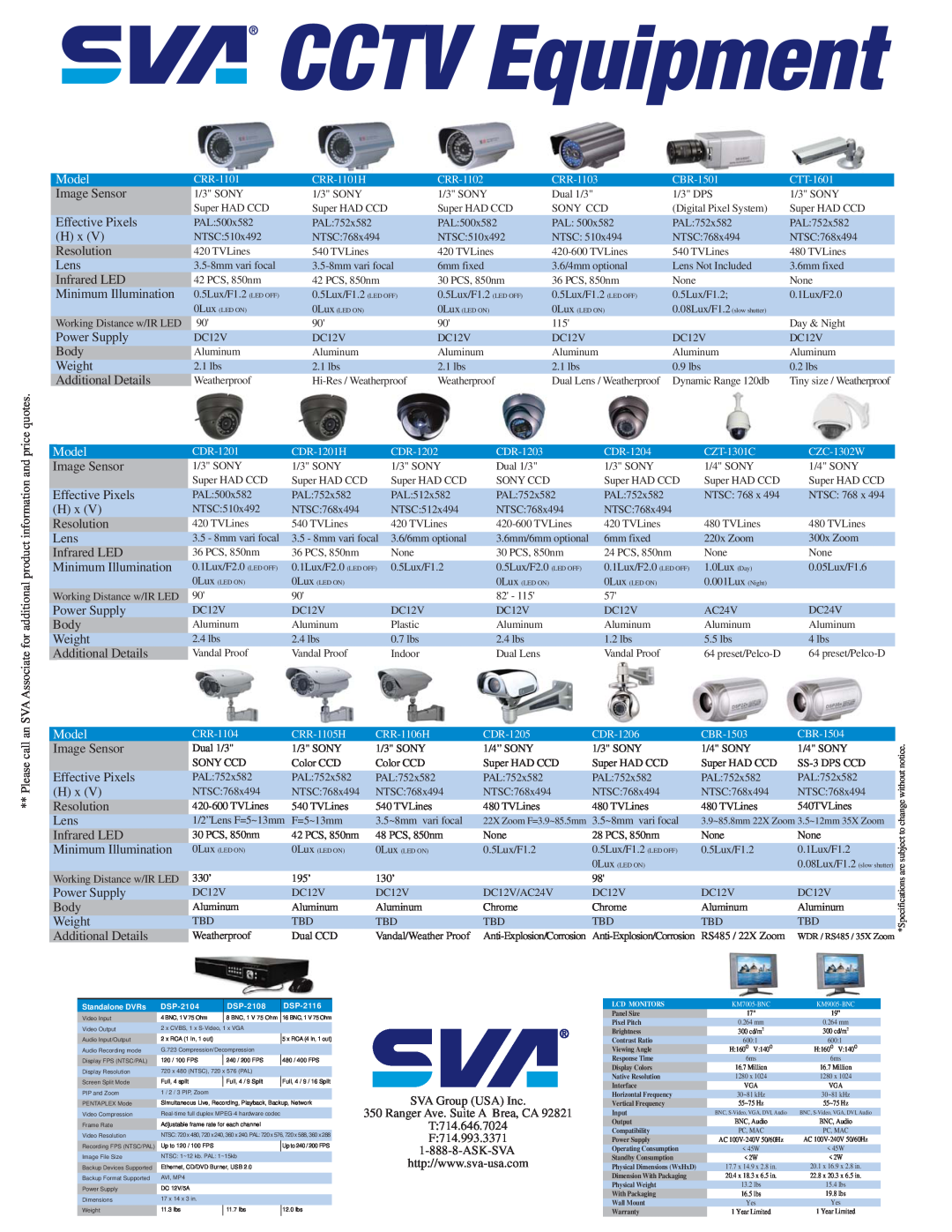 SVA CRR-1106H, CRR-1105H, CTT-1601, CRR-1104 specifications CCTV Equipment, Model, Please call an 