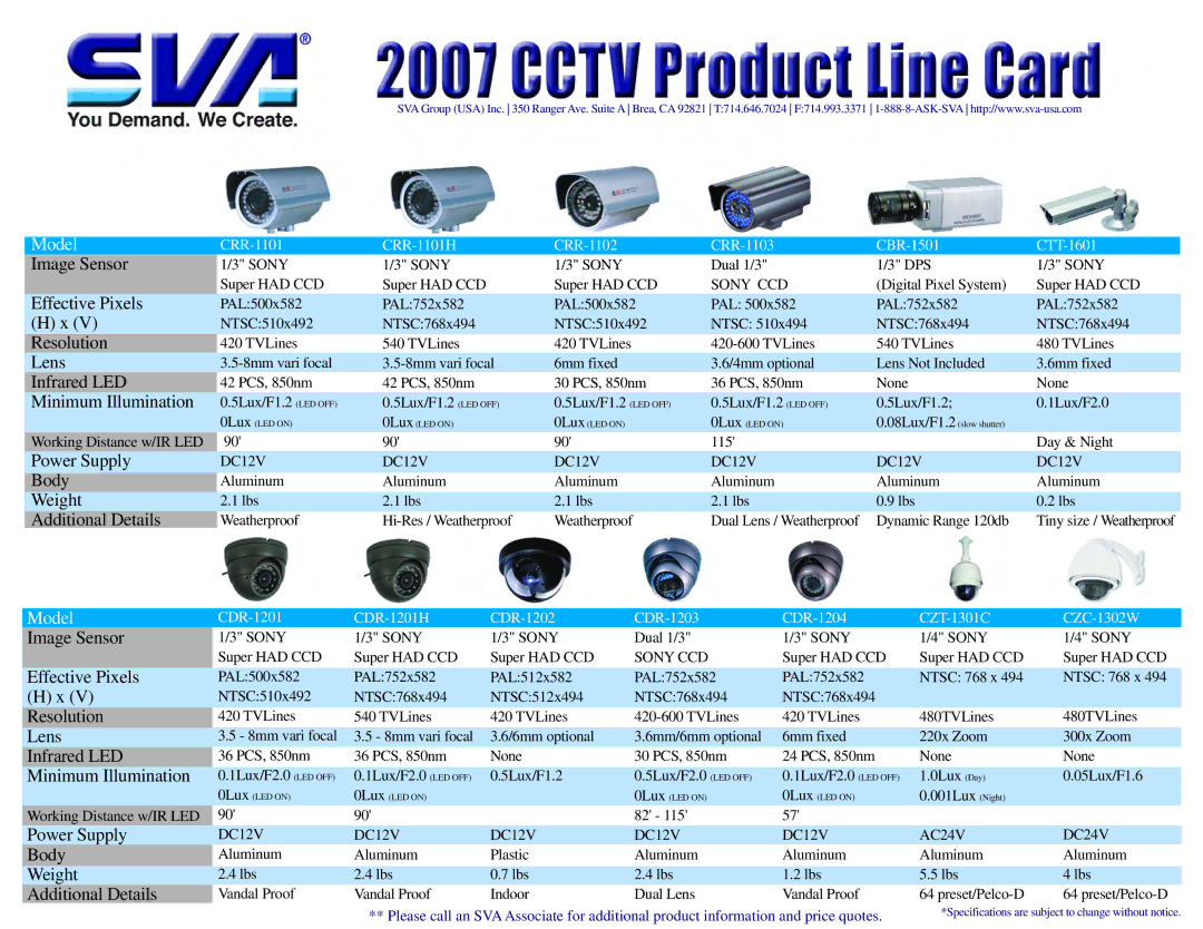 SVA CDR-1203 specifications Image Sensor, Effective Pixels, Resolution, Lens, Infrared LED, Minimum Illumination, Body 