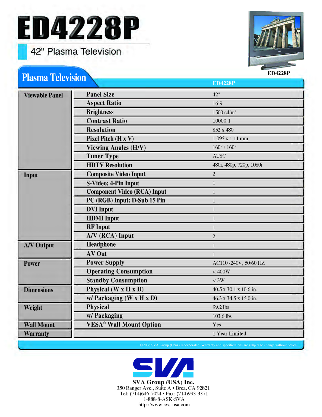 SVA ED4228P manual Plasma Television, Atsc 