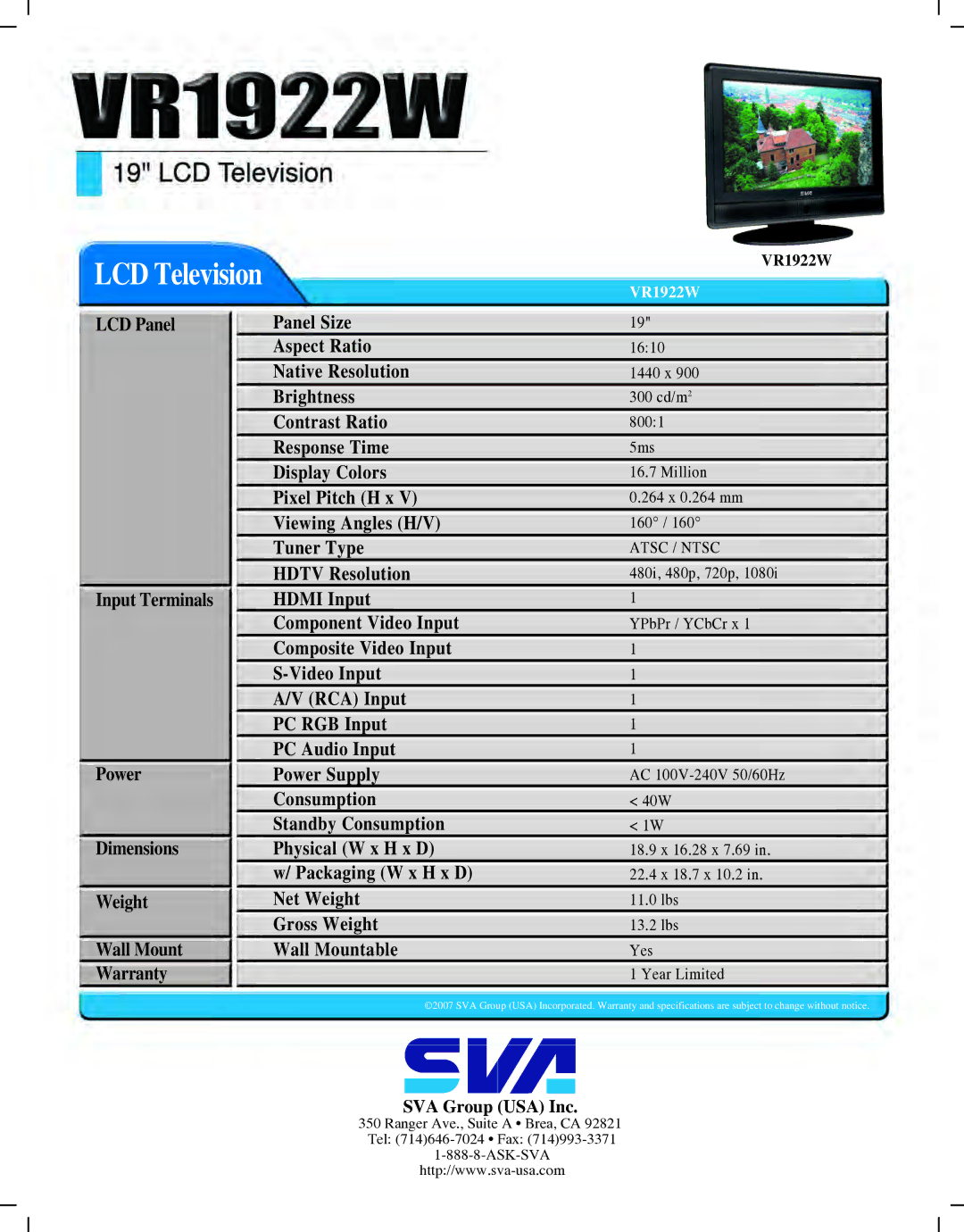 SVA VR1922W manual LCD Television 