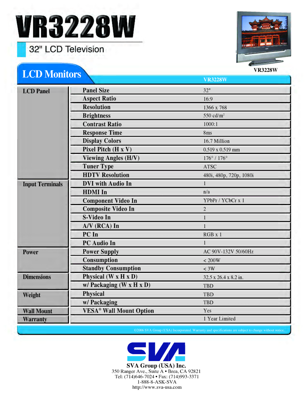 SVA VR3228W manual LCD Monitors, Packaging W x H x D Physical Vesa Wall Mount Option, Atsc 