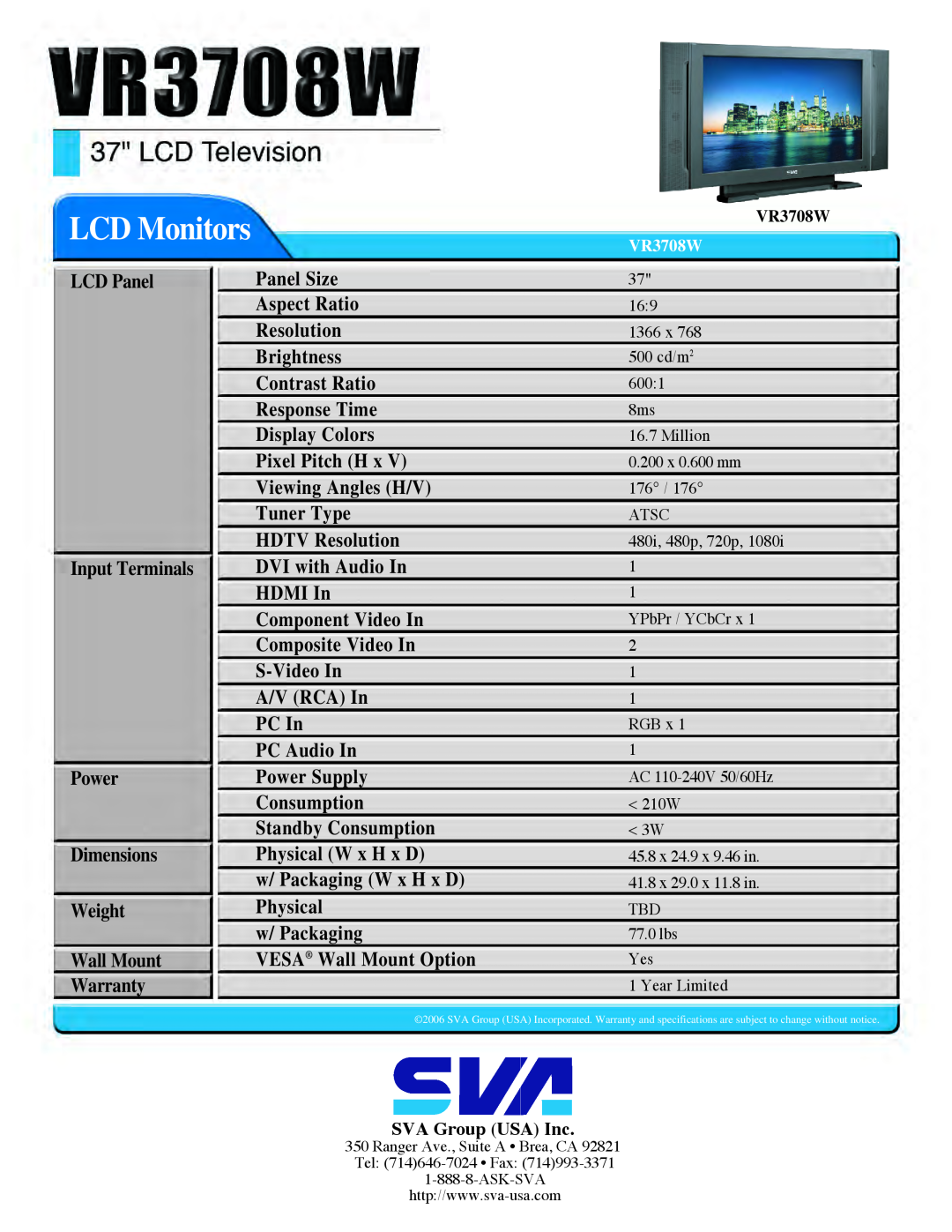 SVA VR3708W manual LCD Monitors 