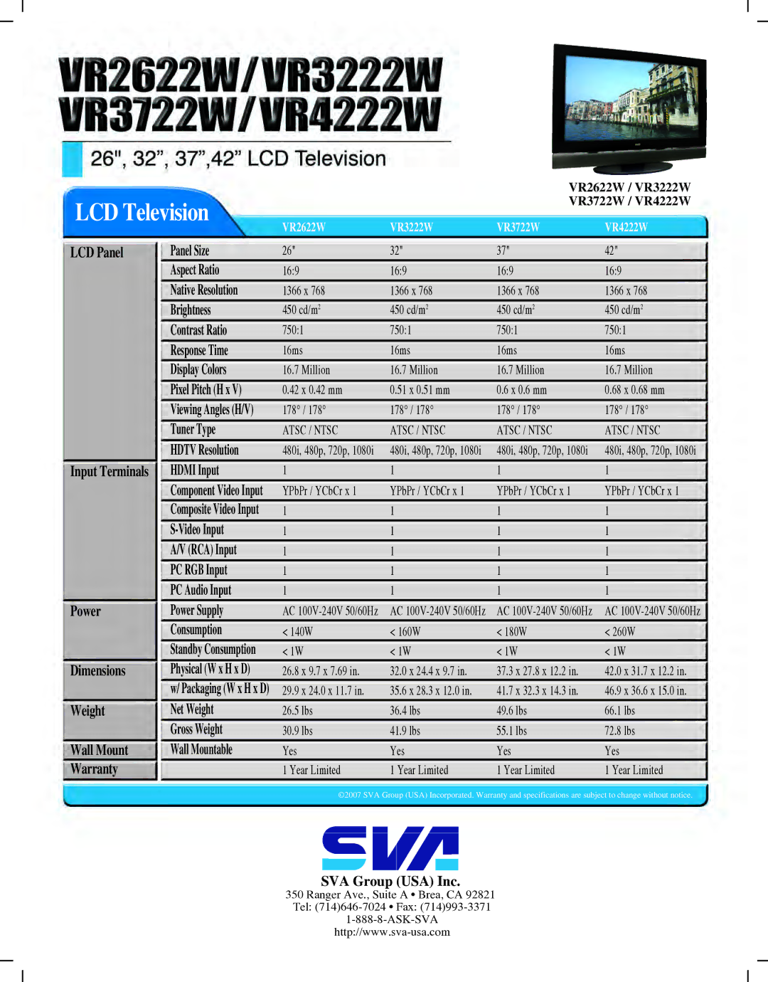 SVA VR4222W LCD Television, LCD Panel, Power Dimensions Weight Wall Mount Warranty Panel Size, Gross Weight Wall Mountable 