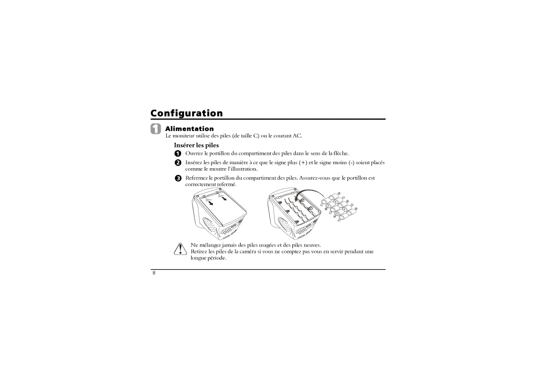 SVAT Electronics 2.4 GHz Wireless B/W Security System manual Le moniteur utilise des piles de taille C ou le courant AC 