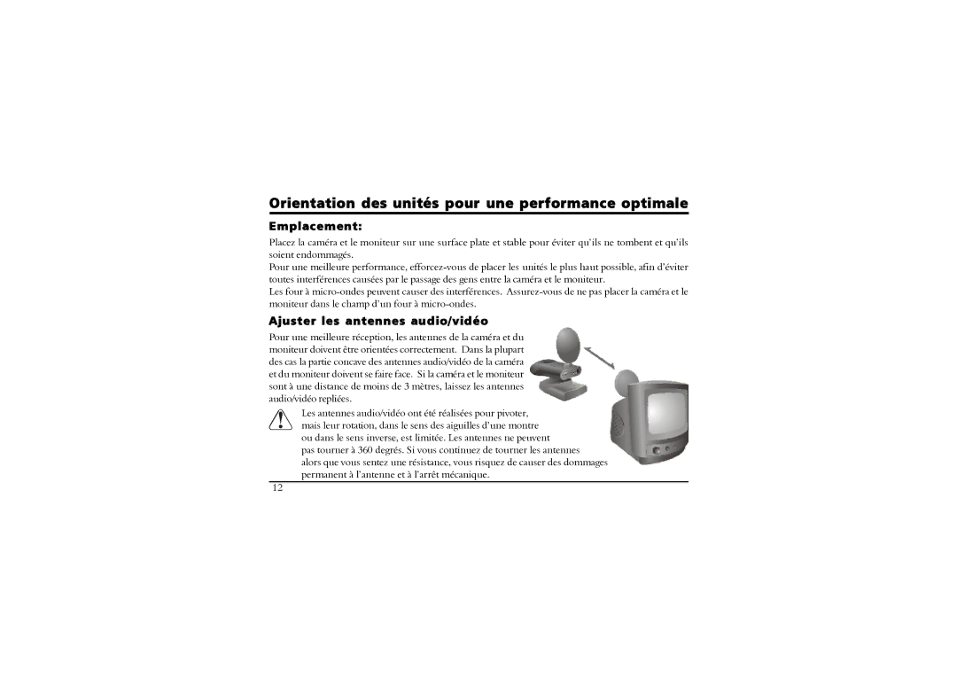 SVAT Electronics 2.4 GHz Wireless B/W Security System manual Emplacement, Ajuster les antennes audio/vidéo 