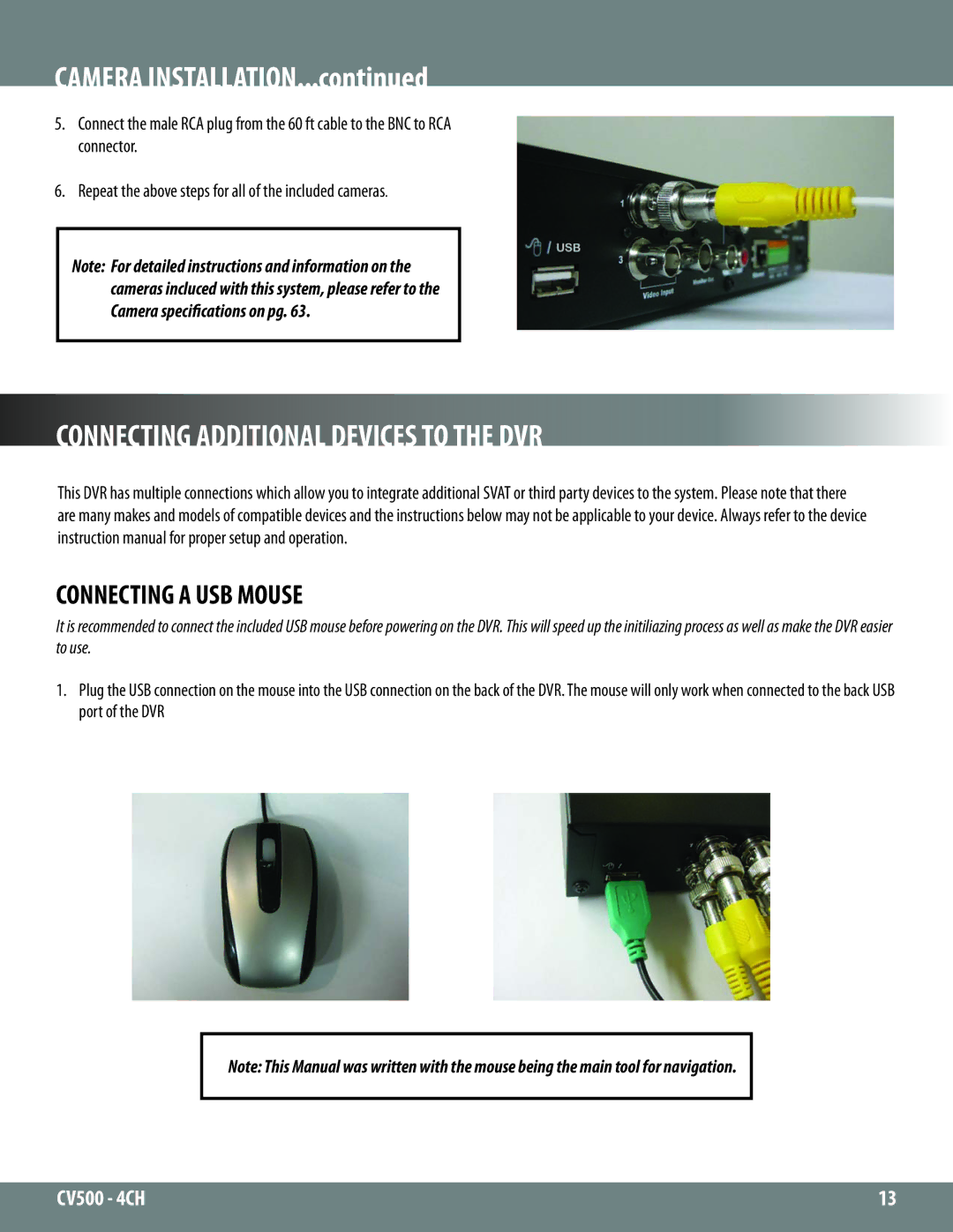 SVAT Electronics 2CV500 - 4CH Camera Installation, Connecting Additional Devices to the DVR, Connecting a USB Mouse 