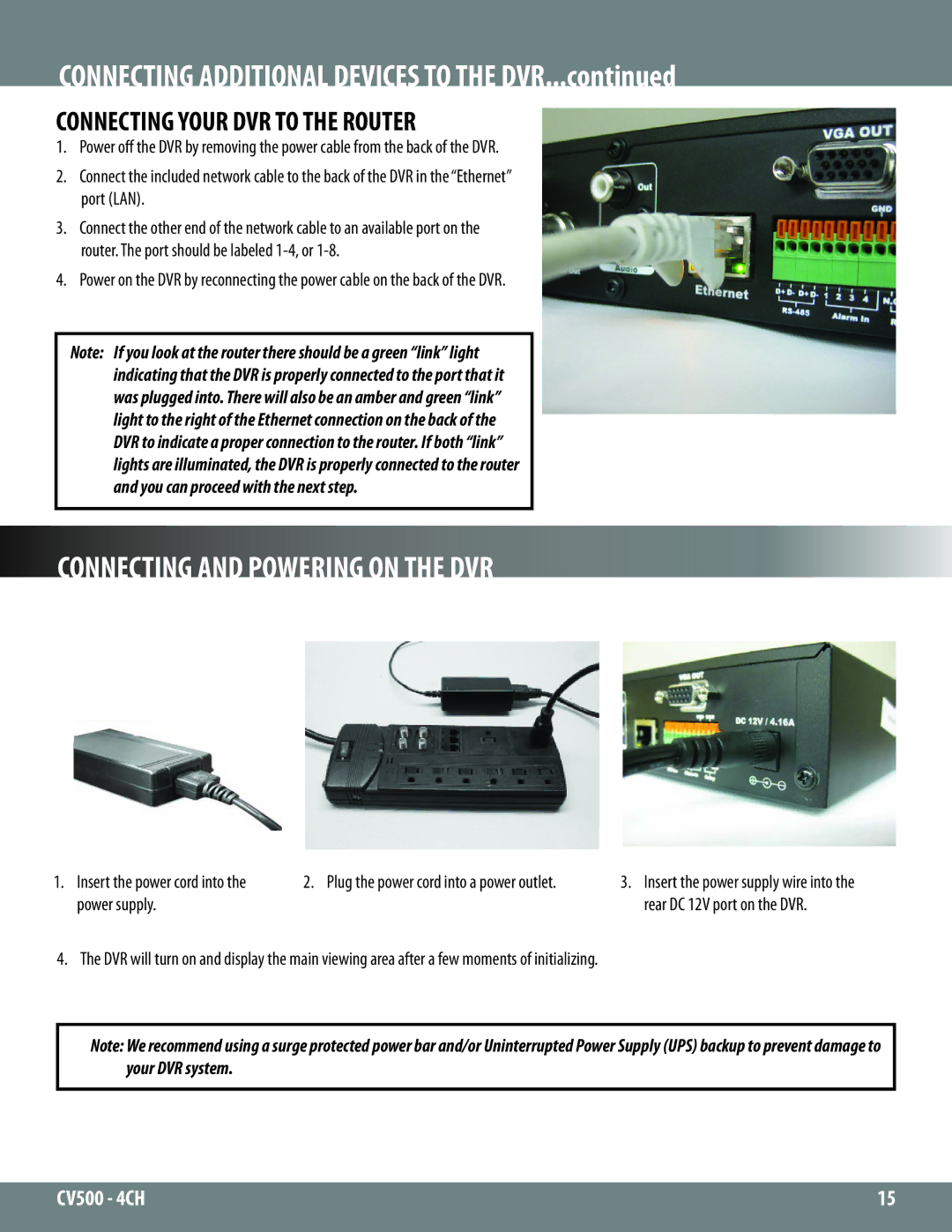 SVAT Electronics 2CV500 - 4CH Connecting and Powering on the DVR, Connecting Your DVR to the Router, Power supply 