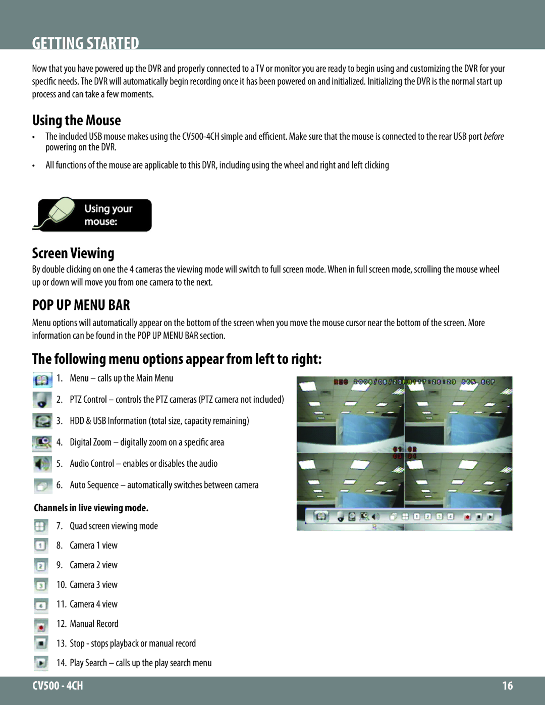 SVAT Electronics 2CV500 - 4CH instruction manual Getting Started, Using the Mouse, Screen Viewing, POP UP Menu BAR 