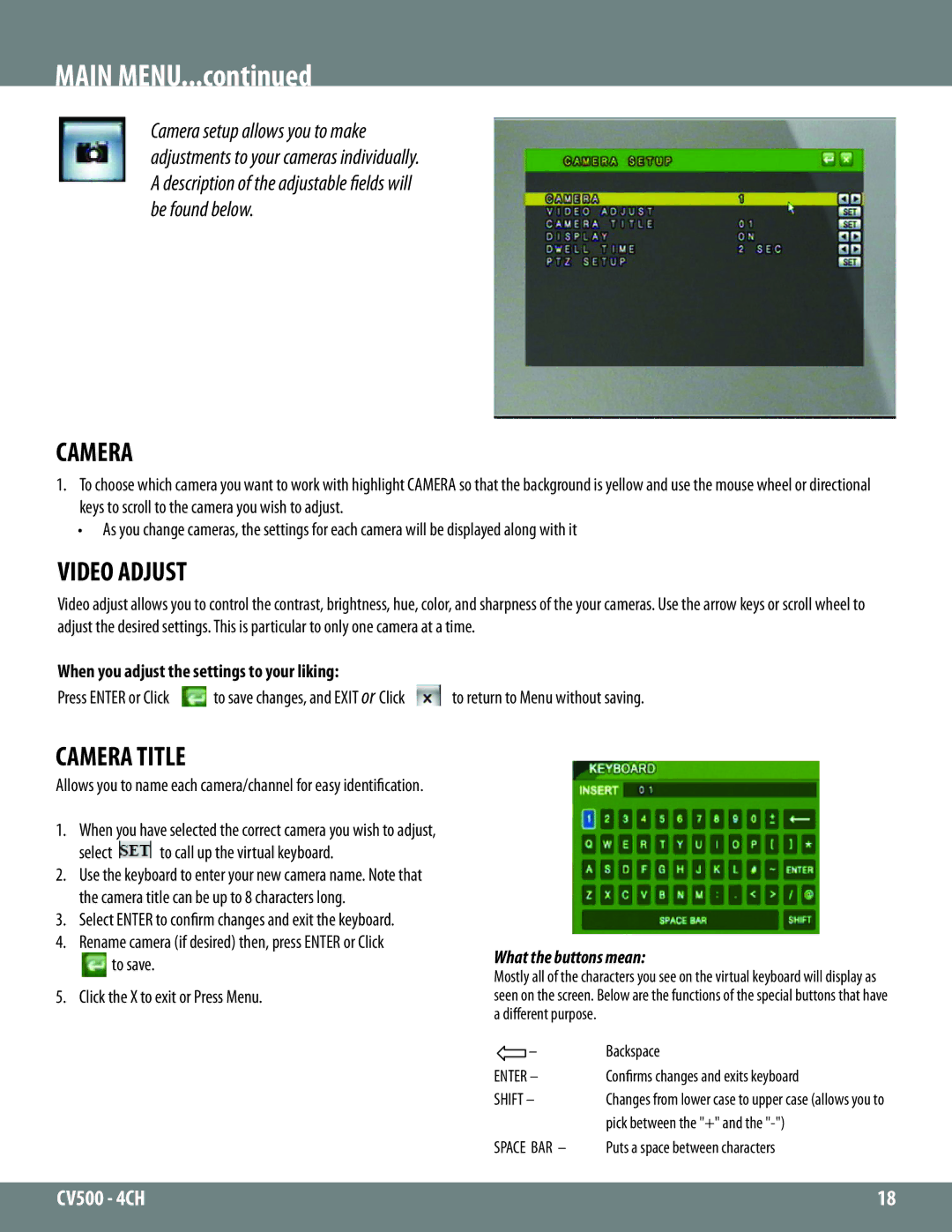 SVAT Electronics 2CV500 - 4CH instruction manual Main Menu, Video Adjust, Camera Title, What the buttons mean 