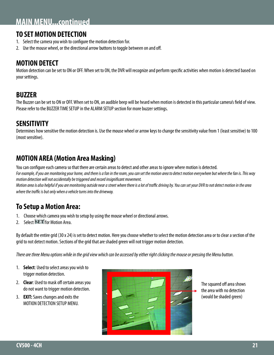 SVAT Electronics 2CV500 - 4CH instruction manual To SET Motion Detection, Buzzer, Sensitivity 