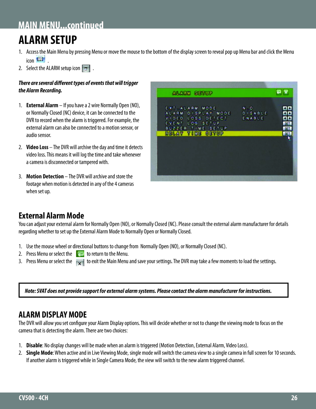 SVAT Electronics 2CV500 - 4CH instruction manual External Alarm Mode, Alarm Display Mode, Icon Select the Alarm setup icon 