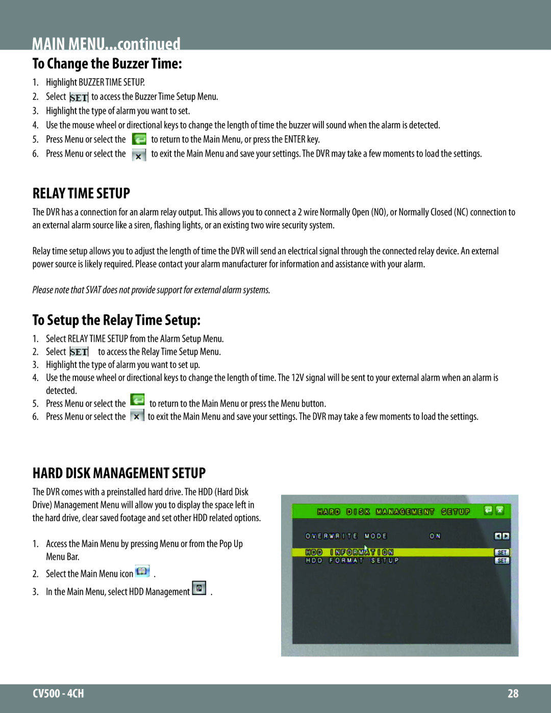 SVAT Electronics 2CV500 - 4CH To Change the Buzzer Time, To Setup the Relay Time Setup, Hard Disk Management Setup 