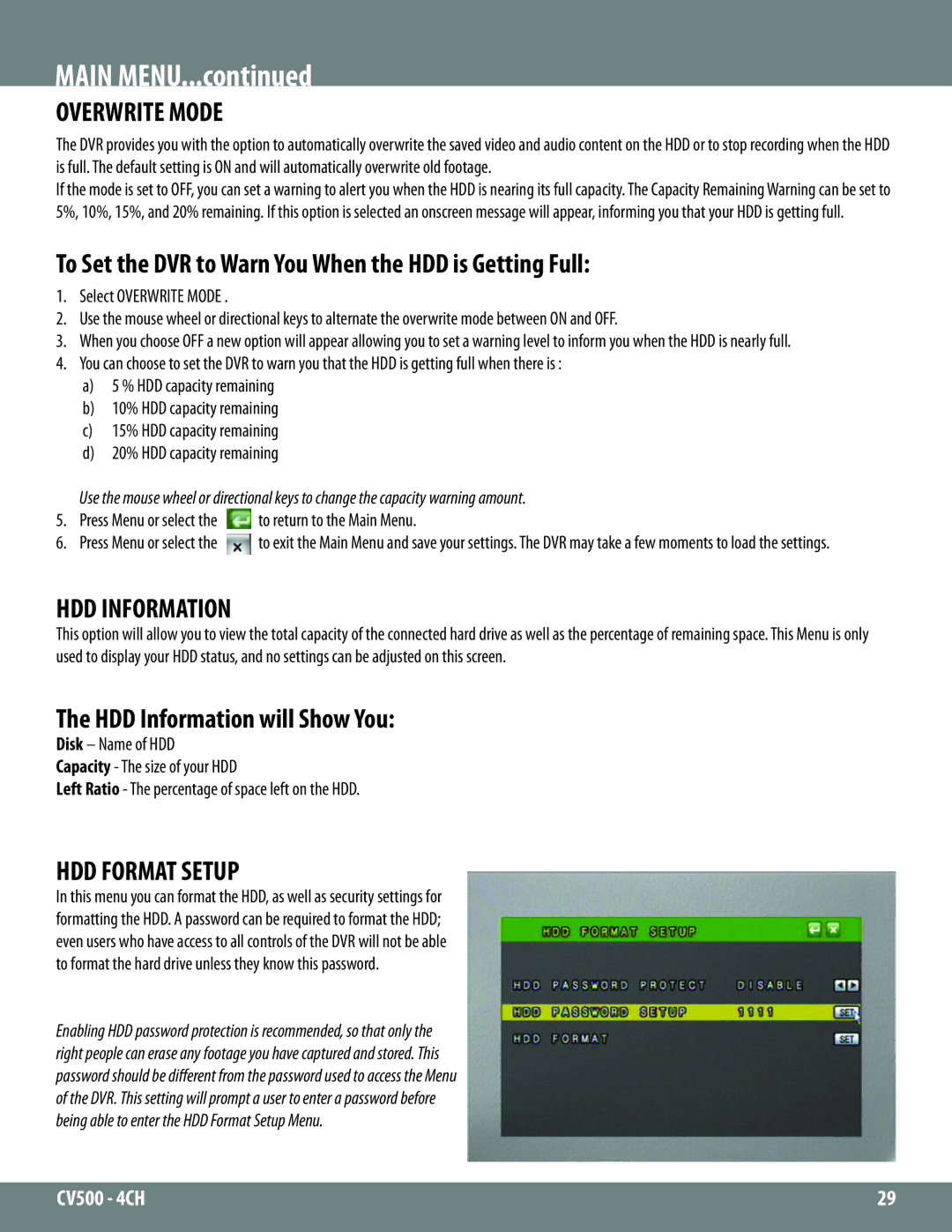 SVAT Electronics 2CV500 - 4CH Overwrite Mode, To Set the DVR to Warn You When the HDD is Getting Full, HDD Information 