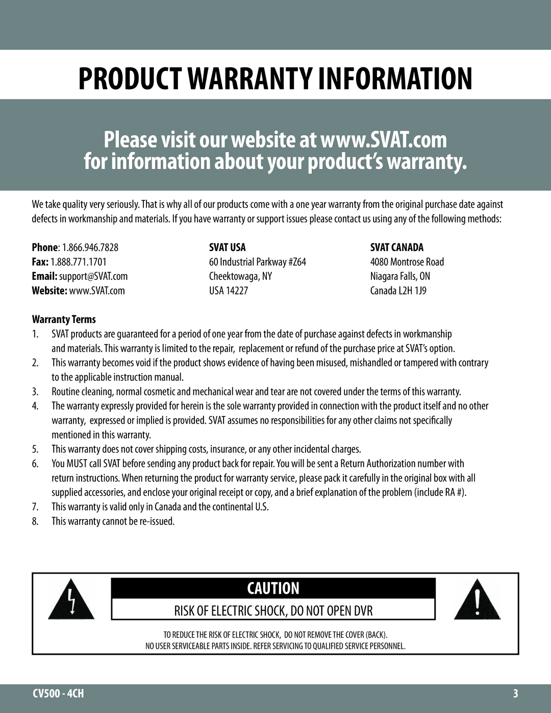 SVAT Electronics 2CV500 - 4CH instruction manual Product Warranty Information 