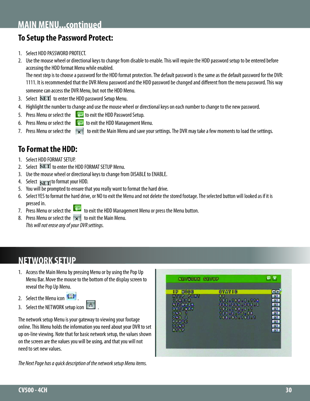 SVAT Electronics 2CV500 - 4CH instruction manual Network Setup, To Setup the Password Protect, To Format the HDD 