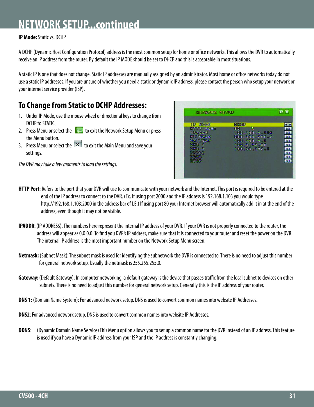 SVAT Electronics 2CV500 - 4CH instruction manual To Change from Static to Dchp Addresses, IP Mode Static vs. Dchp 