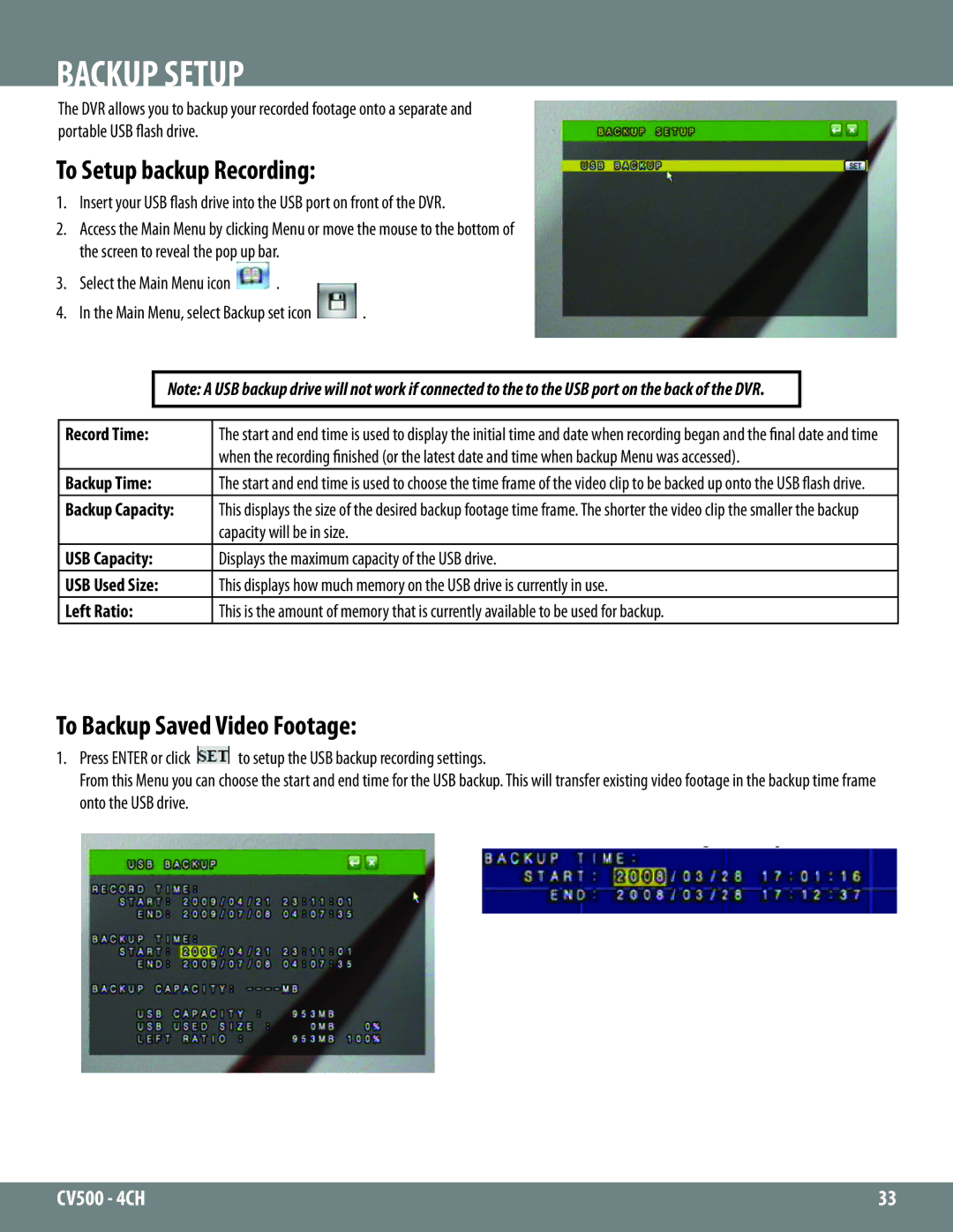 SVAT Electronics 2CV500 - 4CH To Setup backup Recording, To Backup Saved Video Footage, Record Time, Backup Time 