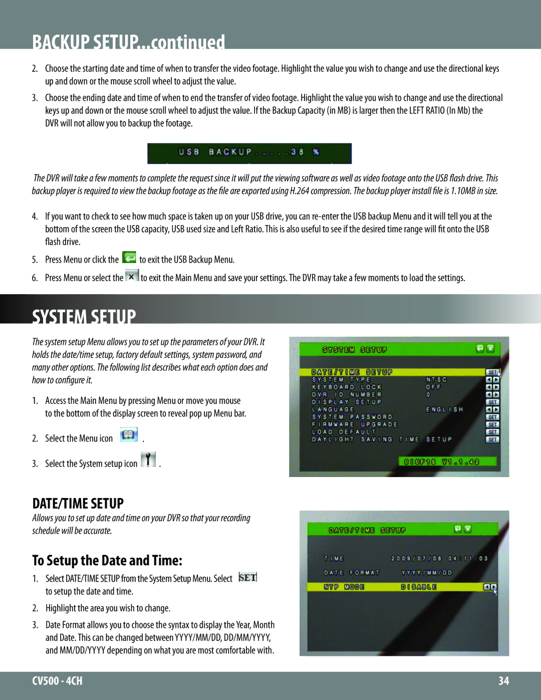 SVAT Electronics 2CV500 - 4CH instruction manual DATE/TIME Setup, To Setup the Date and Time, Select the System setup icon 