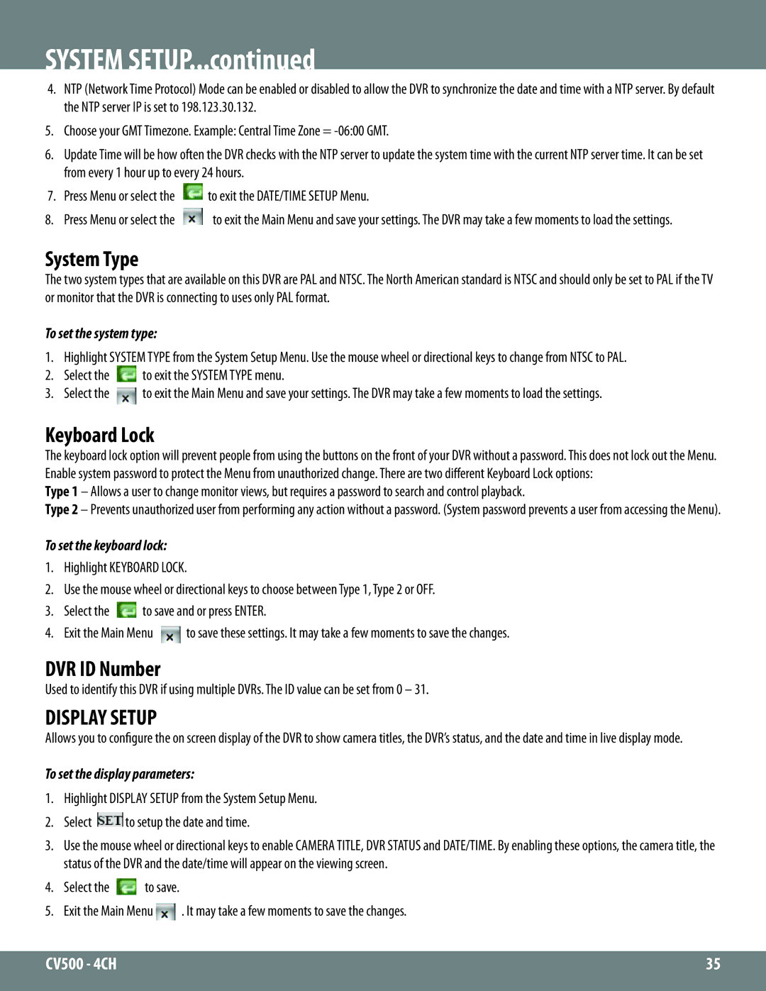 SVAT Electronics 2CV500 - 4CH instruction manual System Type, Keyboard Lock, DVR ID Number, Display Setup 