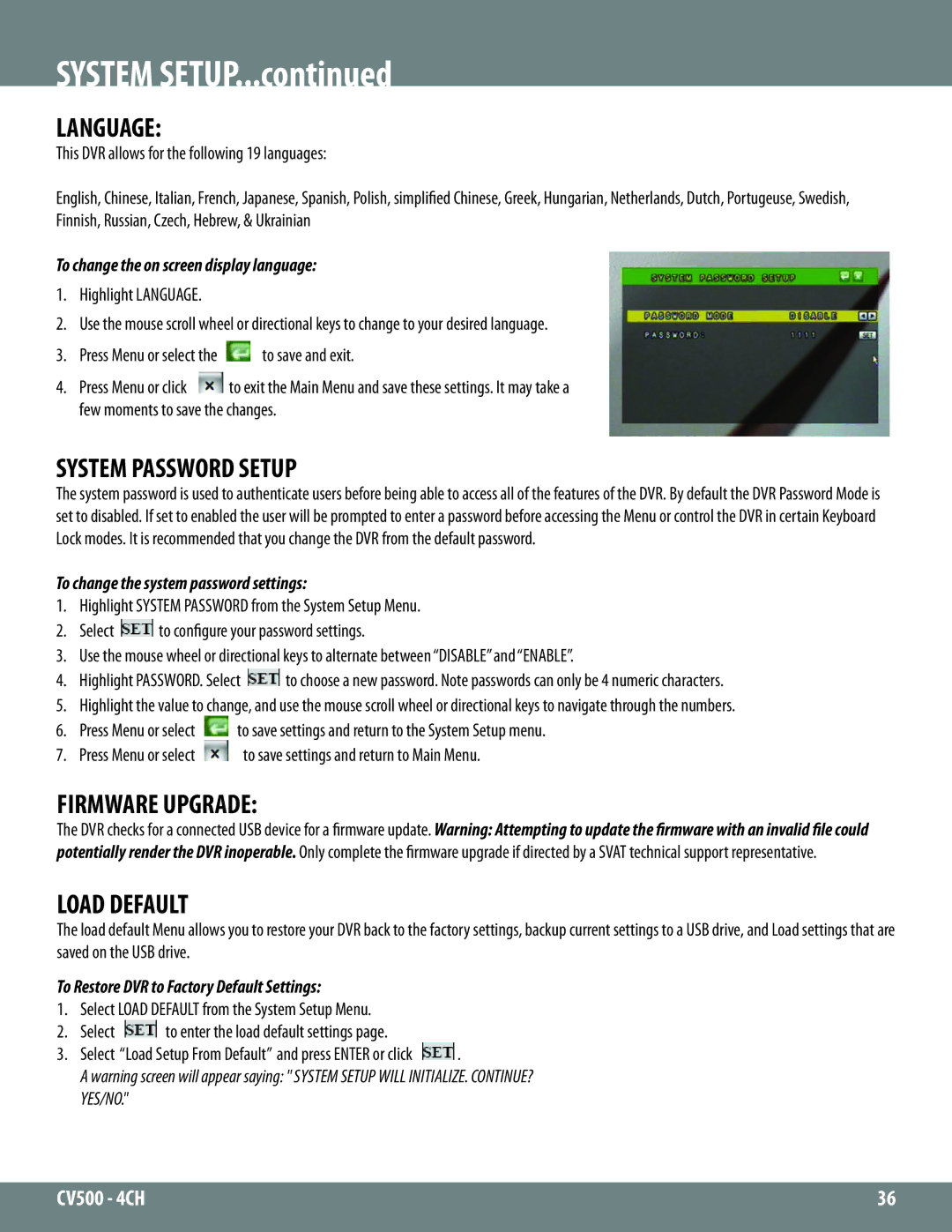 SVAT Electronics 2CV500 - 4CH instruction manual Language, System Password Setup, Firmware Upgrade, Load Default 