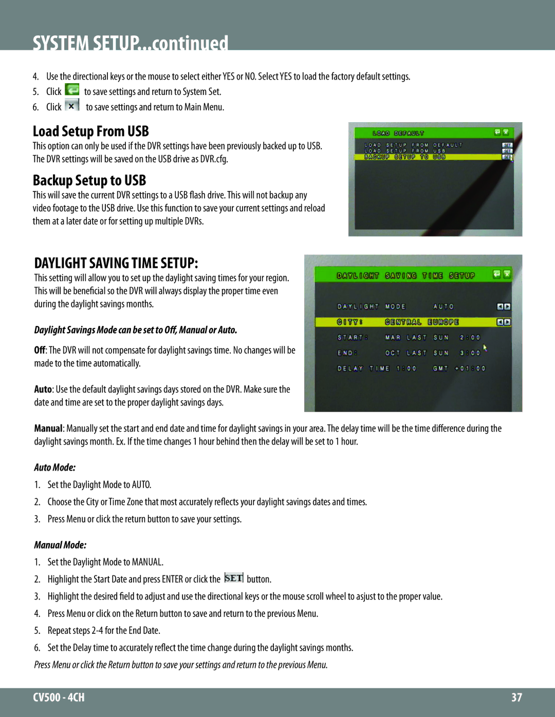 SVAT Electronics 2CV500 - 4CH instruction manual Load Setup From USB, Backup Setup to USB, Daylight Saving Time Setup 