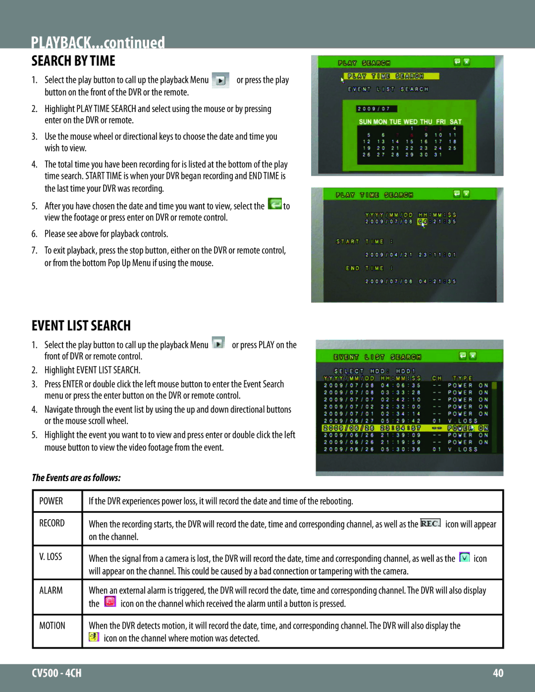 SVAT Electronics 2CV500 - 4CH instruction manual Playback, Search by Time, Event List Search, Events are as follows 