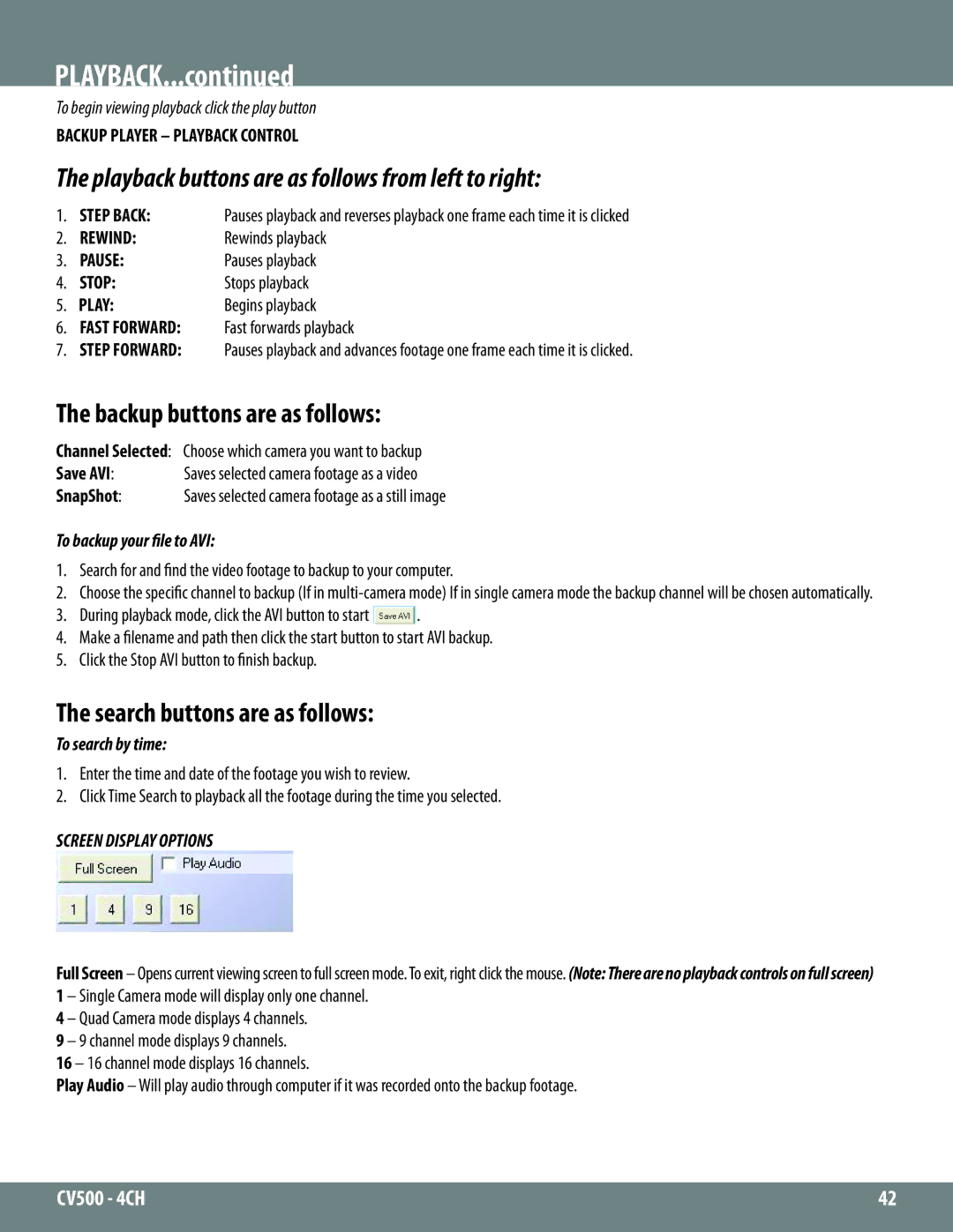 SVAT Electronics 2CV500 - 4CH Backup buttons are as follows, Search buttons are as follows, To backup your file to AVI 