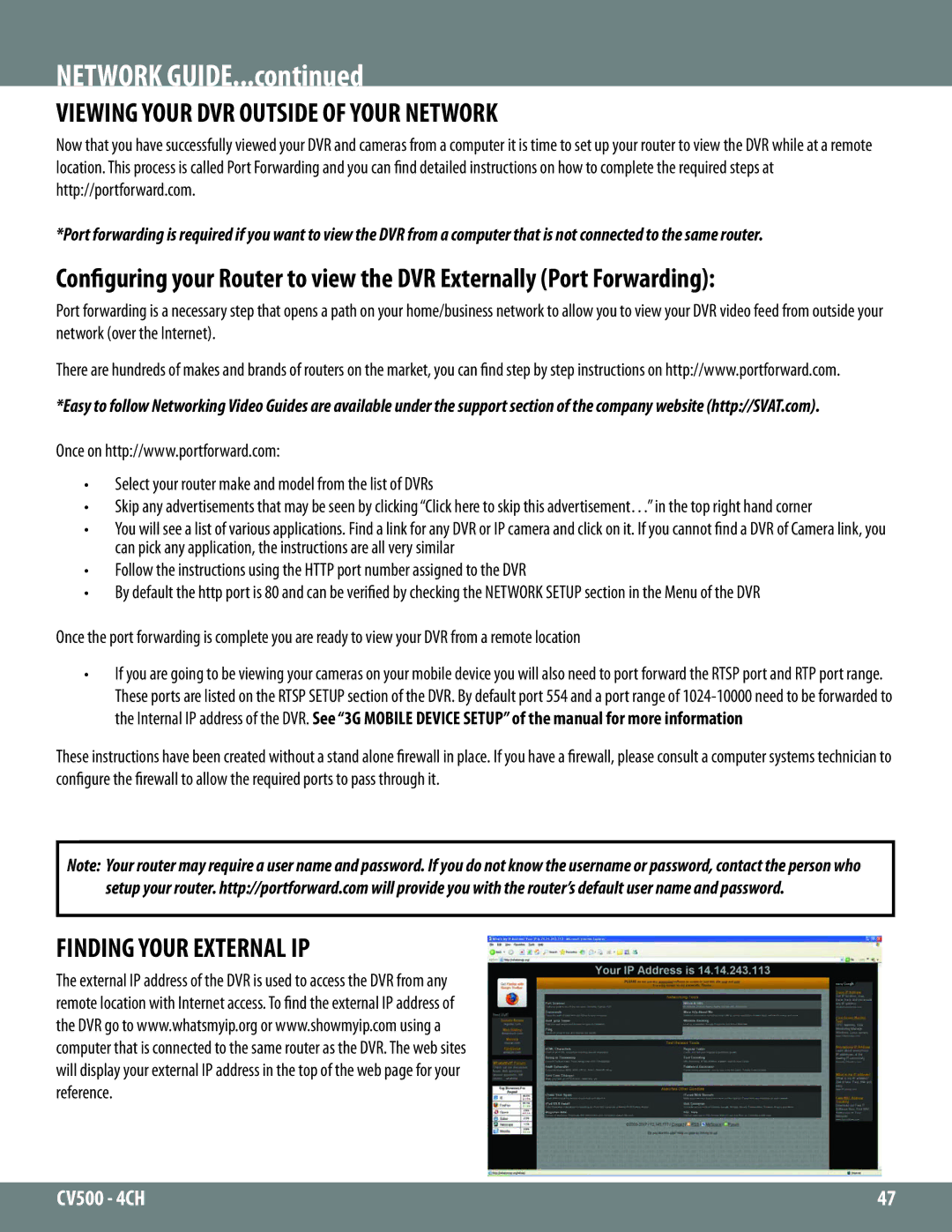 SVAT Electronics 2CV500 - 4CH instruction manual Viewing Your DVR Outside of Your Network, Finding Your External IP 